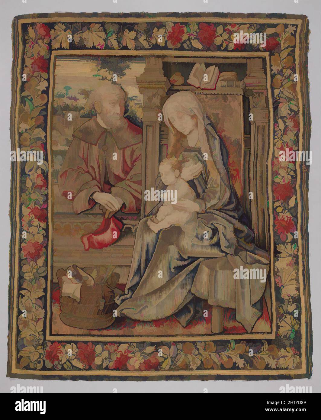 Art inspired by The Holy Family, ca. 1500, Flemish, Southern Netherlands, Wool, silk, and gilt- and silvered-metal-strip-wrapped silk in slit, dovetailed, and interlocking tapestry weave with supplementary brocading wefts (in sewing basket, Joseph's coat, and hem of Mary's cloak), 40 9, Classic works modernized by Artotop with a splash of modernity. Shapes, color and value, eye-catching visual impact on art. Emotions through freedom of artworks in a contemporary way. A timeless message pursuing a wildly creative new direction. Artists turning to the digital medium and creating the Artotop NFT Stock Photo