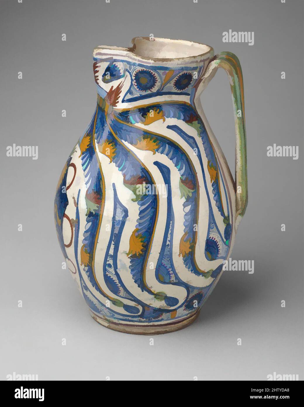 Art inspired by Armorial Jug (boccale), 1506, Italian, Tuscany, Cafaggiolo or Montelupo, Maiolica (tin-glazed earthenware), H. 13 9/16 in. (34.5 cm), Ceramics-Pottery, Classic works modernized by Artotop with a splash of modernity. Shapes, color and value, eye-catching visual impact on art. Emotions through freedom of artworks in a contemporary way. A timeless message pursuing a wildly creative new direction. Artists turning to the digital medium and creating the Artotop NFT Stock Photo