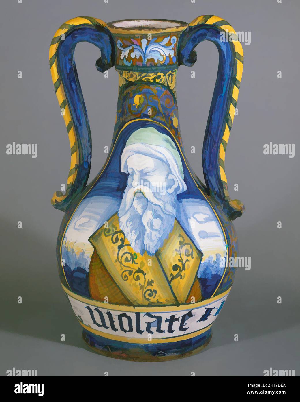 Art inspired by Apothecary vase (vaso da farmacia), ca. 1520–30, Italian, Castelli, Maiolica (tin-glazed earthenware), Height: 14 11/16 in. (37.3 cm), Ceramics-Pottery, Classic works modernized by Artotop with a splash of modernity. Shapes, color and value, eye-catching visual impact on art. Emotions through freedom of artworks in a contemporary way. A timeless message pursuing a wildly creative new direction. Artists turning to the digital medium and creating the Artotop NFT Stock Photo