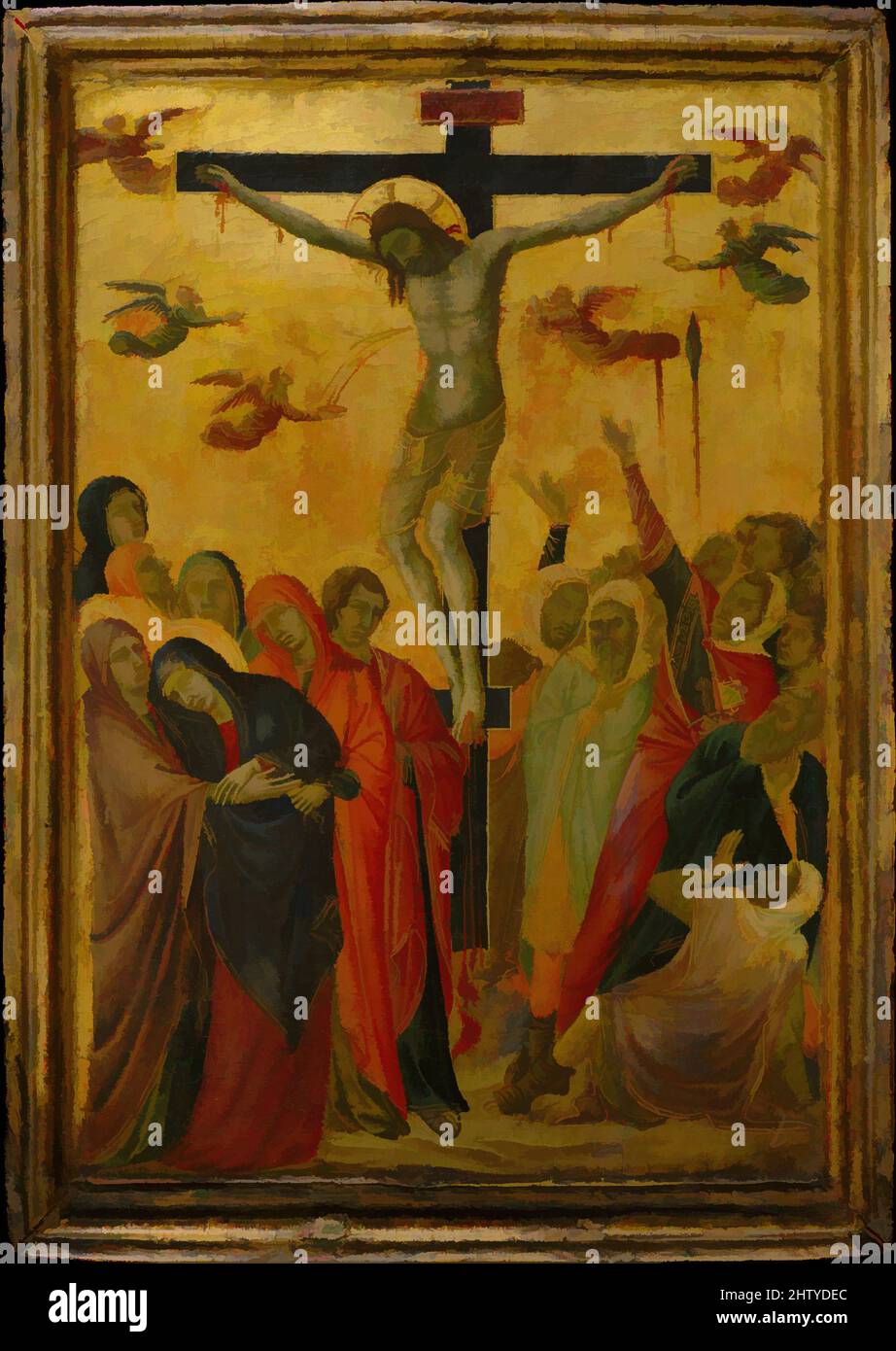 Art inspired by The Crucifixion, ca. 1315, Tempera on panel, Left wing, overall, with engaged frame, 15 1/8 x 10 5/8 in. (38.4 x 27 cm); right wing, overall, with engaged frame, 15 x 10 5/8 in. (38.1 x 27 cm), Paintings, Segna di Buonaventura (Italian, active Siena by 1298–died 1326/31, Classic works modernized by Artotop with a splash of modernity. Shapes, color and value, eye-catching visual impact on art. Emotions through freedom of artworks in a contemporary way. A timeless message pursuing a wildly creative new direction. Artists turning to the digital medium and creating the Artotop NFT Stock Photo