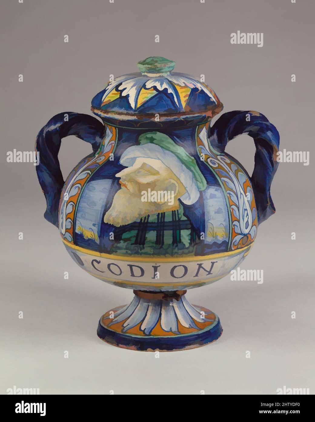 Art inspired by Apothecary vase (vaso da farmacia), ca. 1530–40, Italian, Castelli, Maiolica (tin-glazed earthenware), Height: 9 3/16 in. (23.3 cm), Ceramics-Pottery, Classic works modernized by Artotop with a splash of modernity. Shapes, color and value, eye-catching visual impact on art. Emotions through freedom of artworks in a contemporary way. A timeless message pursuing a wildly creative new direction. Artists turning to the digital medium and creating the Artotop NFT Stock Photo