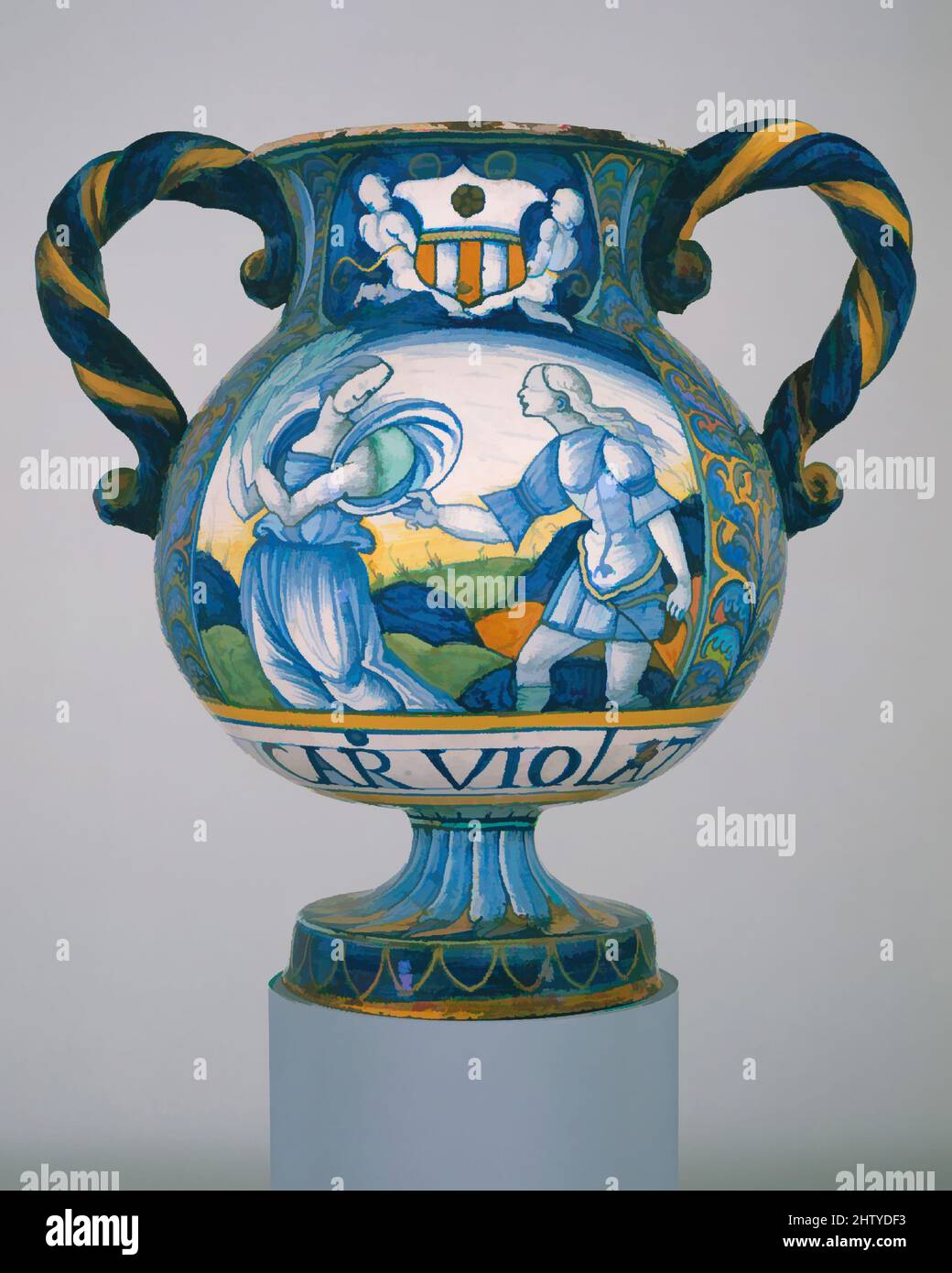 Art inspired by Apothecary Vase (vaso da farmacia), ca. 1515, Italian, Castelli, Maiolica (tin-glazed earthenware), H. 11 7/8 in. (30.2 cm), Ceramics-Pottery, Classic works modernized by Artotop with a splash of modernity. Shapes, color and value, eye-catching visual impact on art. Emotions through freedom of artworks in a contemporary way. A timeless message pursuing a wildly creative new direction. Artists turning to the digital medium and creating the Artotop NFT Stock Photo