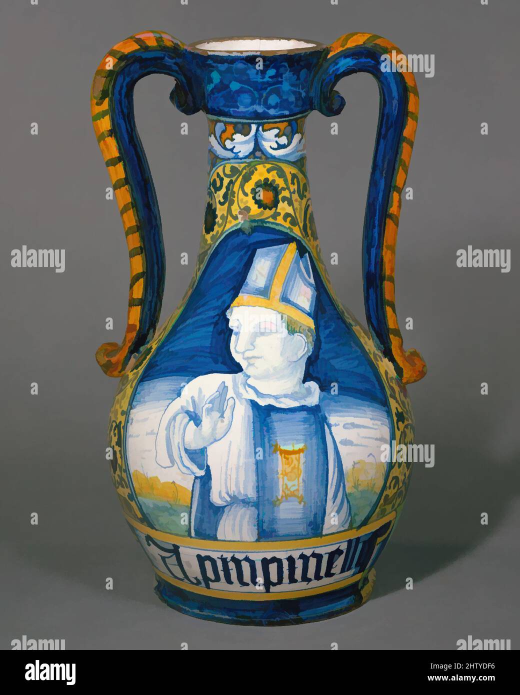 Art inspired by Apothecary vase (vaso da farmacia), ca. 1520–30, Italian, Castelli, Maiolica (tin-glazed earthenware), Height: 15 5/16 in. (38.9 cm), Ceramics-Pottery, Classic works modernized by Artotop with a splash of modernity. Shapes, color and value, eye-catching visual impact on art. Emotions through freedom of artworks in a contemporary way. A timeless message pursuing a wildly creative new direction. Artists turning to the digital medium and creating the Artotop NFT Stock Photo
