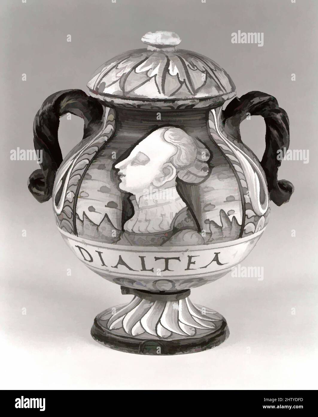 Art inspired by Apothecary vase (vaso da farmacia), ca. 1530–40, Italian, Castelli, Maiolica (tin-glazed earthenware), Height: 9 5/16 in. (23.7 cm), Ceramics-Pottery, Classic works modernized by Artotop with a splash of modernity. Shapes, color and value, eye-catching visual impact on art. Emotions through freedom of artworks in a contemporary way. A timeless message pursuing a wildly creative new direction. Artists turning to the digital medium and creating the Artotop NFT Stock Photo