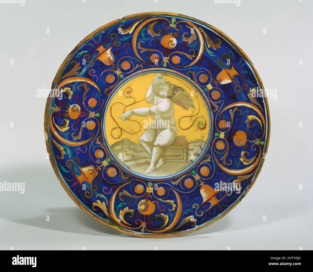Art inspired by Plate (tagliere), 1534, Italian, Gubbio, Maiolica (tin-glazed earthenware), Diameter: 9 5/8 in. (24.4 cm), Ceramics-Pottery, Classic works modernized by Artotop with a splash of modernity. Shapes, color and value, eye-catching visual impact on art. Emotions through freedom of artworks in a contemporary way. A timeless message pursuing a wildly creative new direction. Artists turning to the digital medium and creating the Artotop NFT Stock Photo