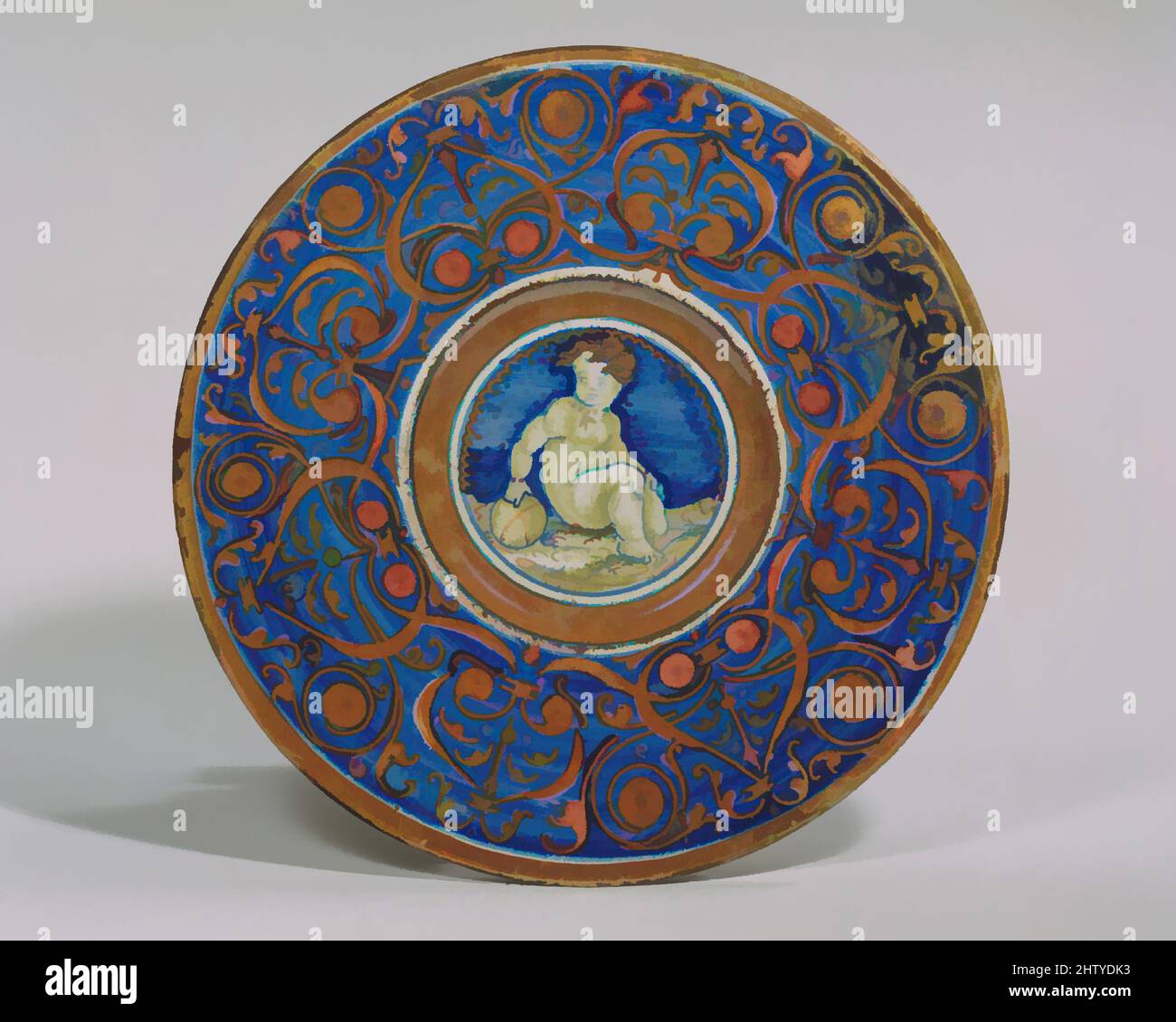 Art inspired by Plate (tagliere), 1532, Italian, Gubbio, Maiolica (tin-glazed earthenware), Diameter: 9 5/8 in. (24.4cm), Ceramics-Pottery, Classic works modernized by Artotop with a splash of modernity. Shapes, color and value, eye-catching visual impact on art. Emotions through freedom of artworks in a contemporary way. A timeless message pursuing a wildly creative new direction. Artists turning to the digital medium and creating the Artotop NFT Stock Photo