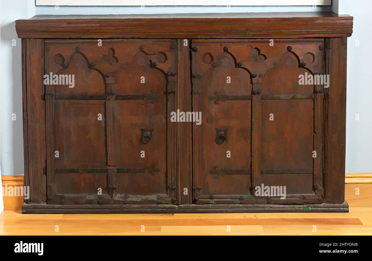 Art inspired by Cabinet, ca. 1400 (rebuilt, 20th century), Italian, Umbria and American (United States), Walnut, iron., H. 92.7 cm, W. 56.3 cm, D. 33.3 cm, Woodwork-Furniture, Classic works modernized by Artotop with a splash of modernity. Shapes, color and value, eye-catching visual impact on art. Emotions through freedom of artworks in a contemporary way. A timeless message pursuing a wildly creative new direction. Artists turning to the digital medium and creating the Artotop NFT Stock Photo
