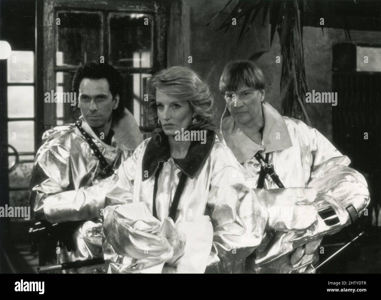 German actors Hugo Egon Balder, Angela Stresemann, and Jochen Russe in the German TV series Die Diether Krebs Show, 1993 Stock Photo
