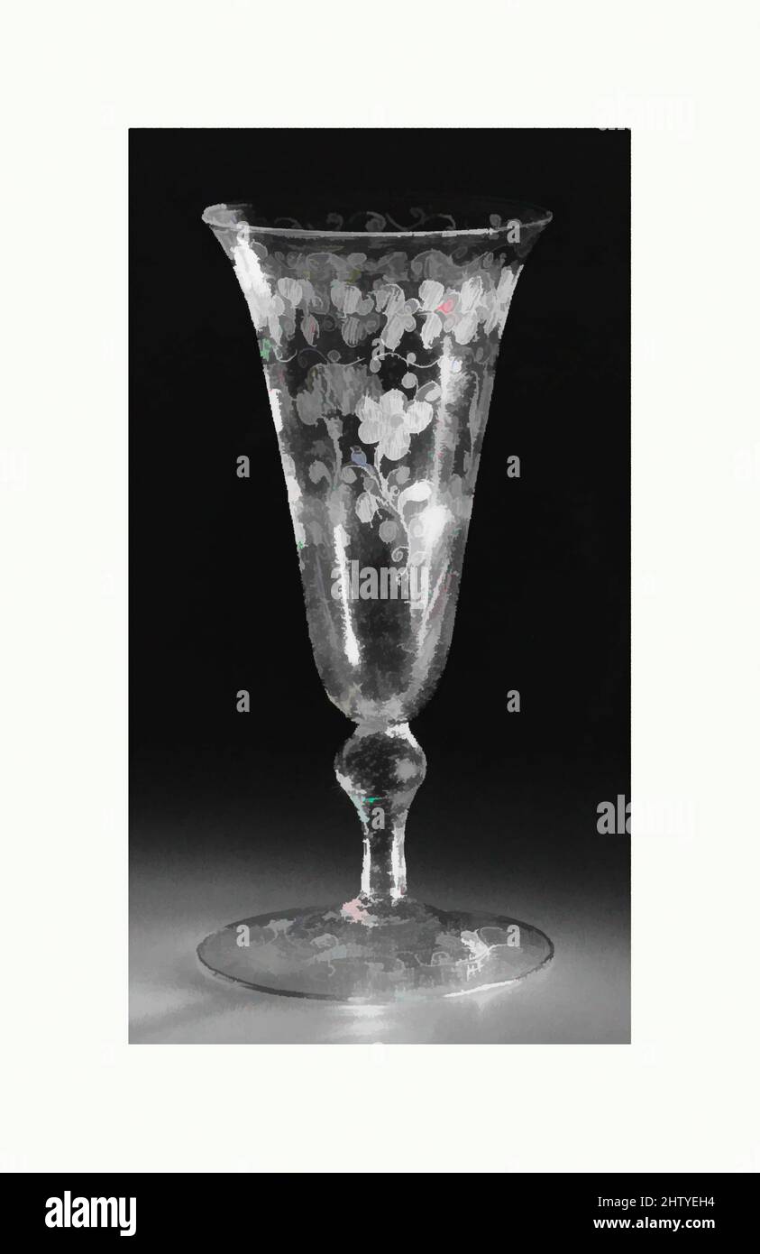 Art inspired by Wineglass, early 17th century, Façon de Venise, probably northern European (Lowlands or France), Colorless (slightly purplish gray), bubbly nonlead glass. Blown, diamond-point (scratch) engraved., H. 13.1 cm, Glass, Classic works modernized by Artotop with a splash of modernity. Shapes, color and value, eye-catching visual impact on art. Emotions through freedom of artworks in a contemporary way. A timeless message pursuing a wildly creative new direction. Artists turning to the digital medium and creating the Artotop NFT Stock Photo
