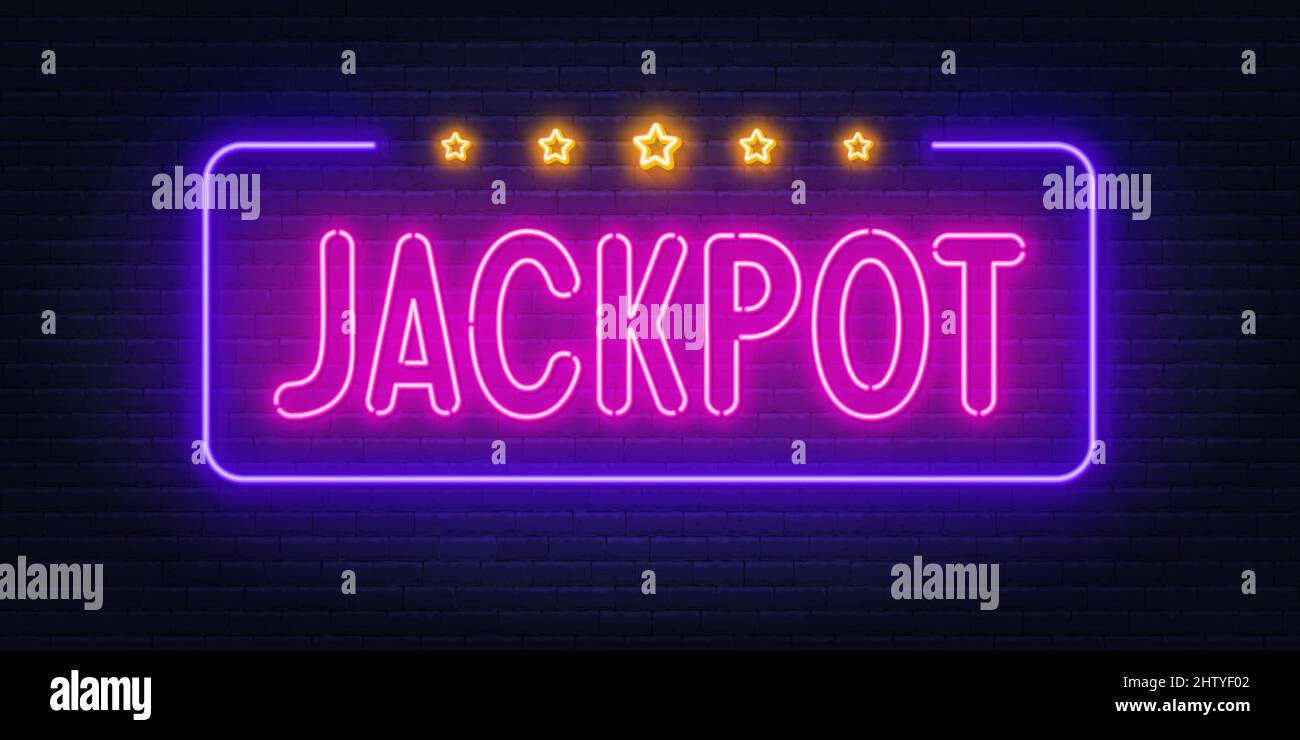 Neon sign Jackpot on brick wall background . Stock Vector