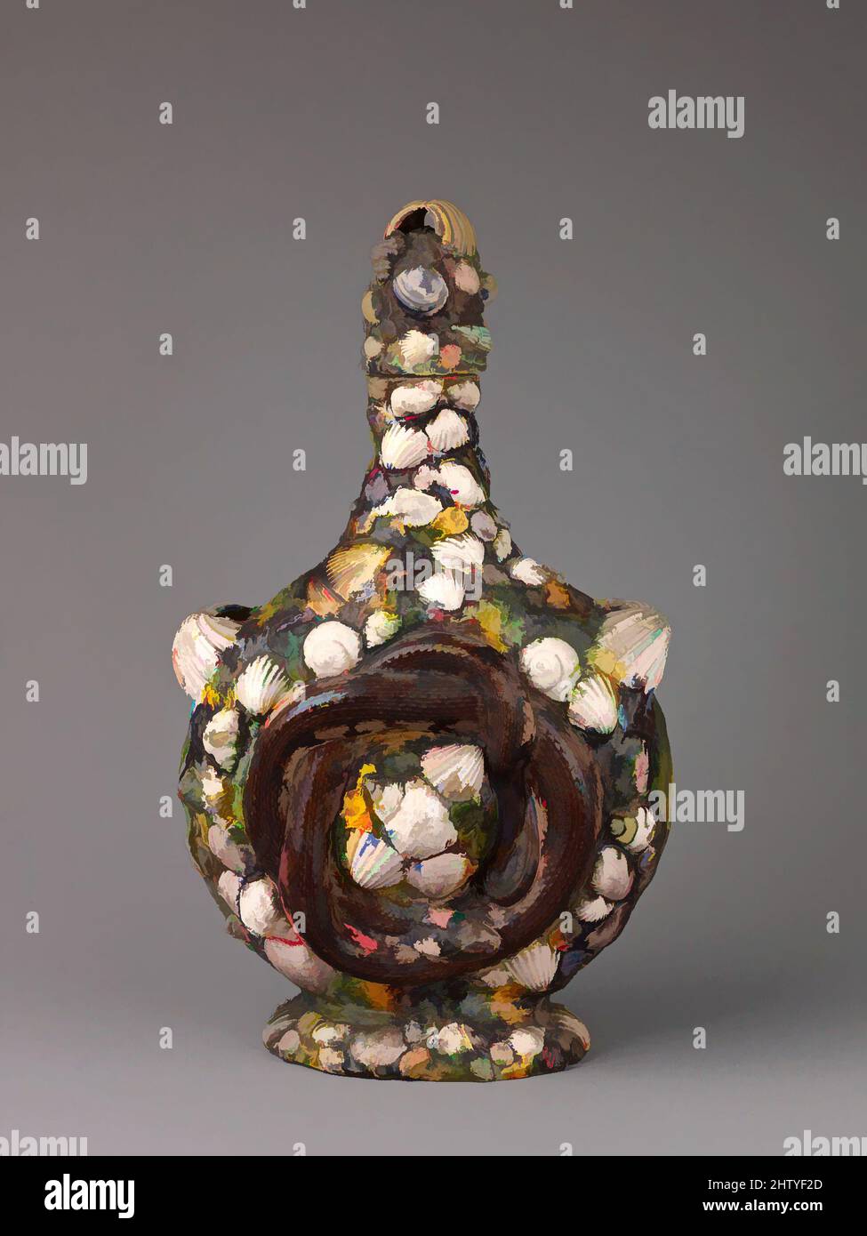 Art inspired by Pilgrim Flask, probably 1556–67, Earthenware with colorless and transparent or opaque pigmented green, purple, blue, yellow, red-brown, and black lead glazes., H. 31 cm, w. 19cm., Ceramics-Faience, Bernard Palissy (French, Agen, Lot-et-Garonne 1510–1590 Paris) and, Classic works modernized by Artotop with a splash of modernity. Shapes, color and value, eye-catching visual impact on art. Emotions through freedom of artworks in a contemporary way. A timeless message pursuing a wildly creative new direction. Artists turning to the digital medium and creating the Artotop NFT Stock Photo