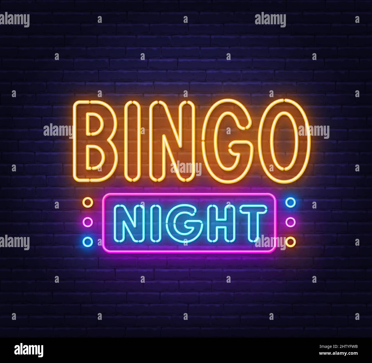 Bingo Night neon sign on brick wall background. Stock Vector