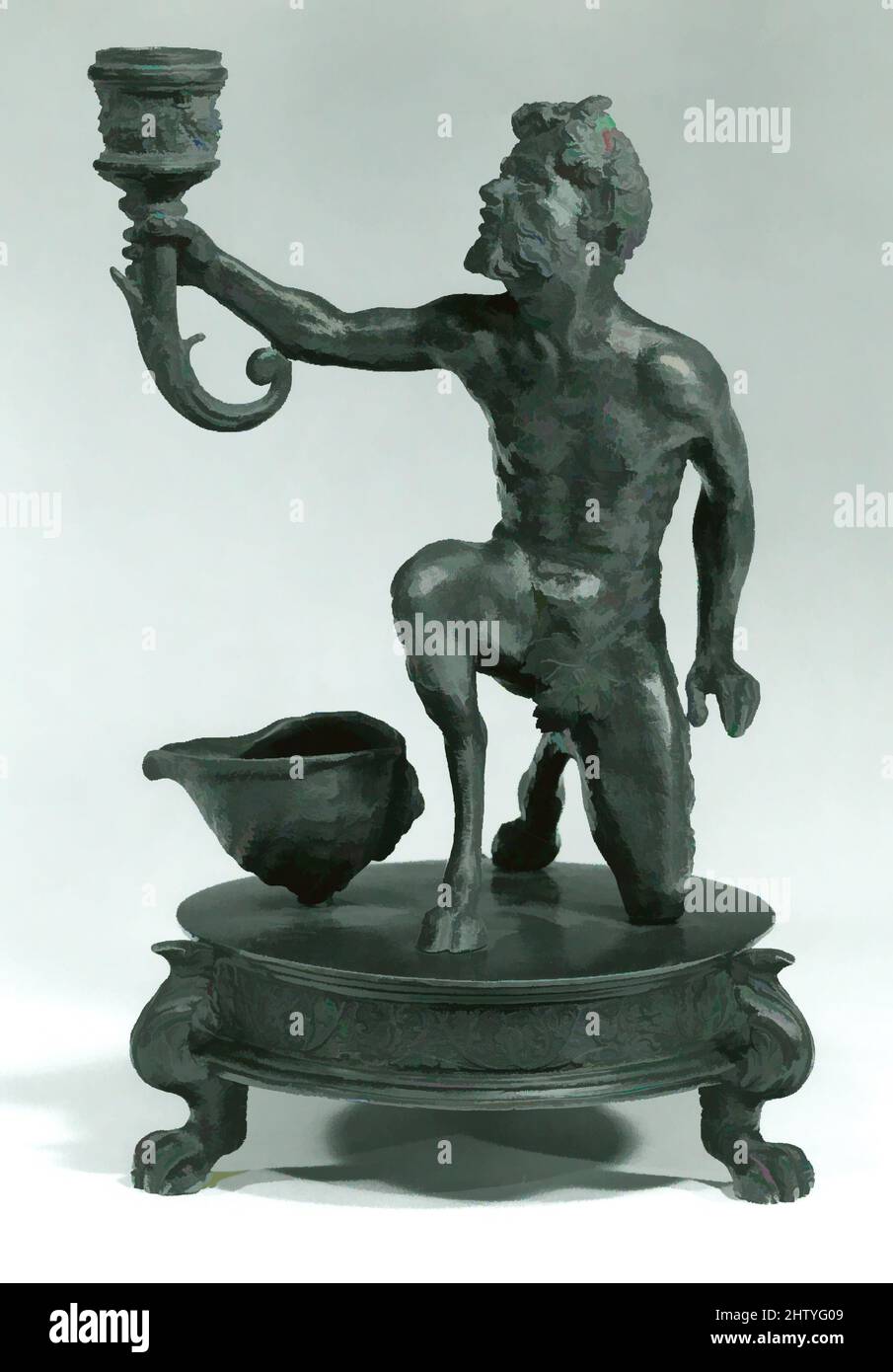 Art inspired by Satyr, ca. 1530, Copper alloy with a reddish brown patina; the base and shell with a dark brown patina., H. 25 cm., Metalwork-Bronze, Workshop of Desiderio da Firenze (Italian, born Florence, active Padua, 1532–45), Workshop of Severo Calzetta da Ravenna (Italian, Classic works modernized by Artotop with a splash of modernity. Shapes, color and value, eye-catching visual impact on art. Emotions through freedom of artworks in a contemporary way. A timeless message pursuing a wildly creative new direction. Artists turning to the digital medium and creating the Artotop NFT Stock Photo