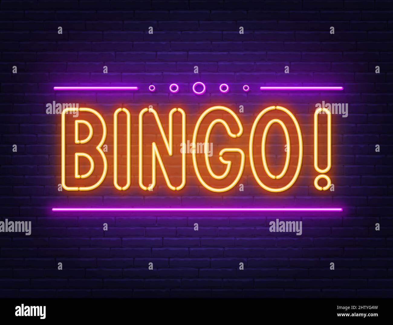 Bingo neon sign on brick wall background. Stock Vector