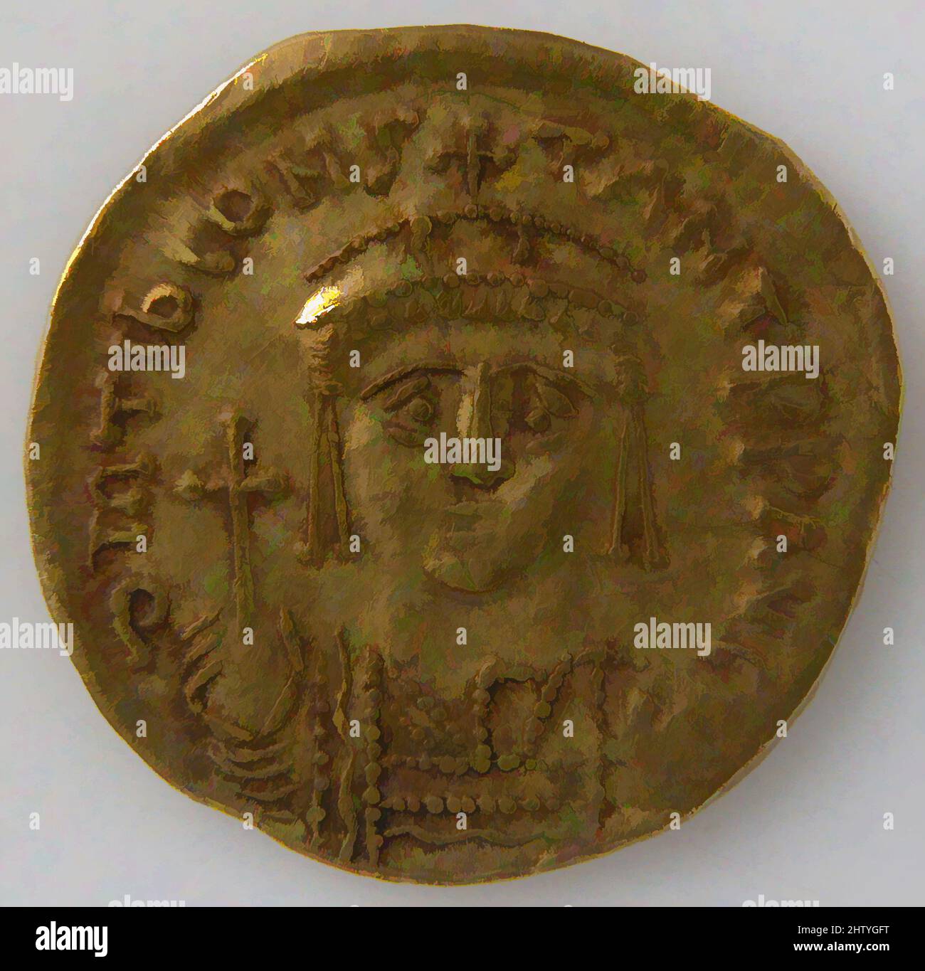 Art inspired by Solidus, 6th century (?), Byzantine, Gold, Overall: 13/16 x 1/16 in. (2 x 0.1 cm), Coins, Classic works modernized by Artotop with a splash of modernity. Shapes, color and value, eye-catching visual impact on art. Emotions through freedom of artworks in a contemporary way. A timeless message pursuing a wildly creative new direction. Artists turning to the digital medium and creating the Artotop NFT Stock Photo