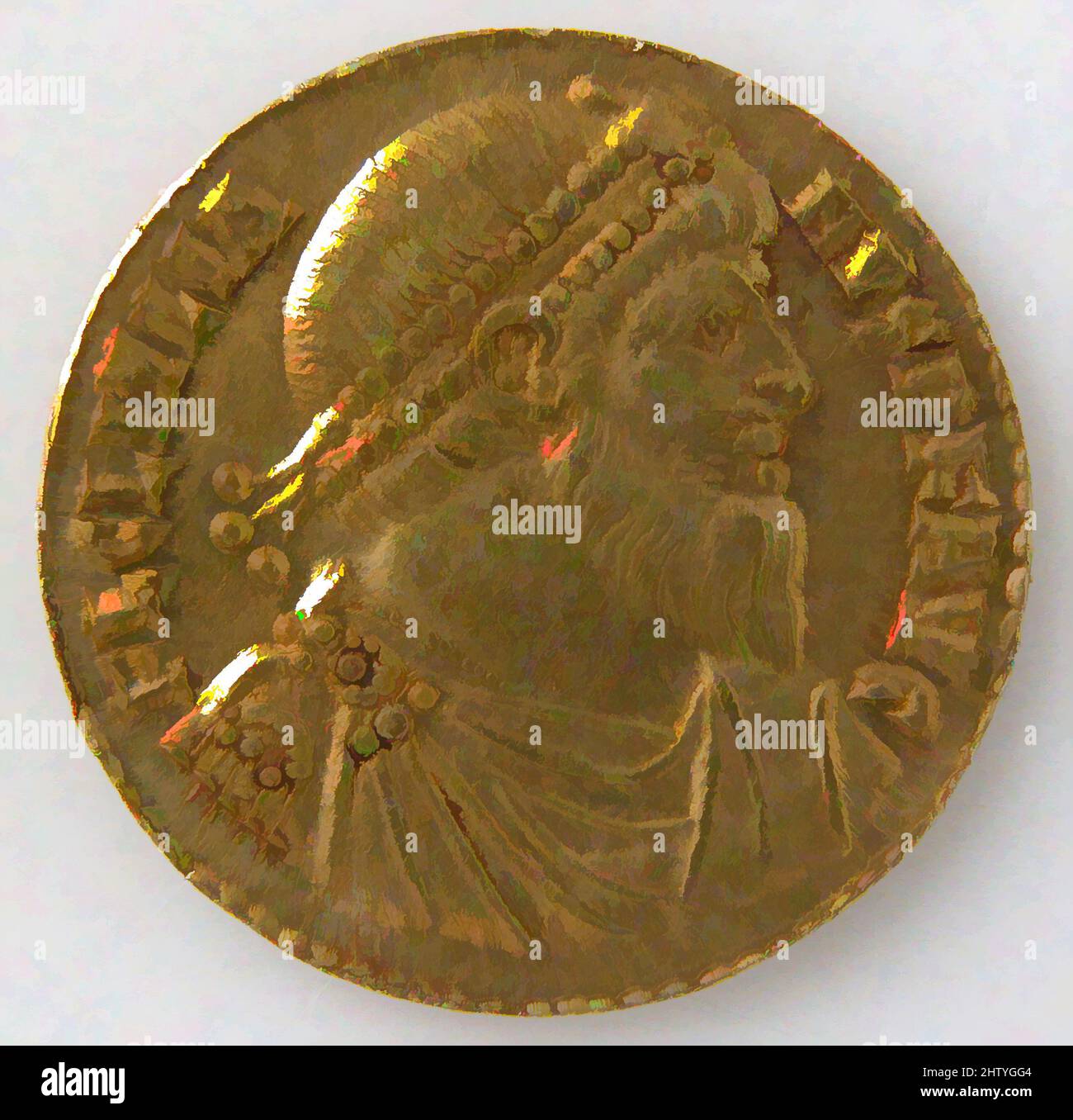 Art inspired by Solidus, 381–383, Byzantine, Gold, Overall: 3/4 x 1/16 in. (1.9 x 0.1 cm), Coins, Classic works modernized by Artotop with a splash of modernity. Shapes, color and value, eye-catching visual impact on art. Emotions through freedom of artworks in a contemporary way. A timeless message pursuing a wildly creative new direction. Artists turning to the digital medium and creating the Artotop NFT Stock Photo
