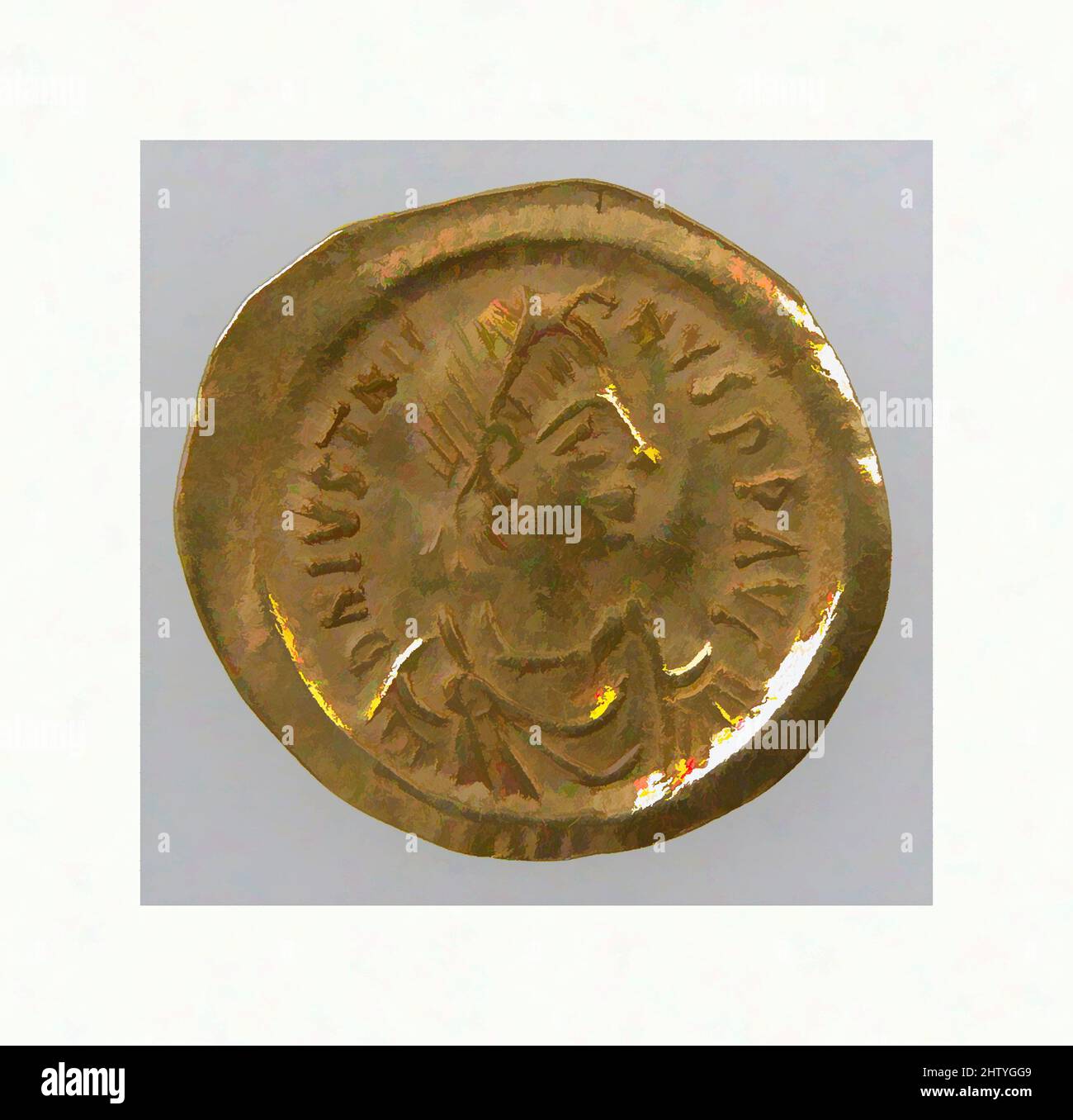 Art inspired by Gold Tremissis of Emperor Justinian I, 527–602, Byzantine, Gold, Overall: 11/16 x 1/16 in. (1.7 x 0.1 cm), Coins, Through the 400s and 500s, the Visigoths minted gold coins mimicking Byzantine imperial coins. Early Visigothic issues closely resemble their imperial, Classic works modernized by Artotop with a splash of modernity. Shapes, color and value, eye-catching visual impact on art. Emotions through freedom of artworks in a contemporary way. A timeless message pursuing a wildly creative new direction. Artists turning to the digital medium and creating the Artotop NFT Stock Photo