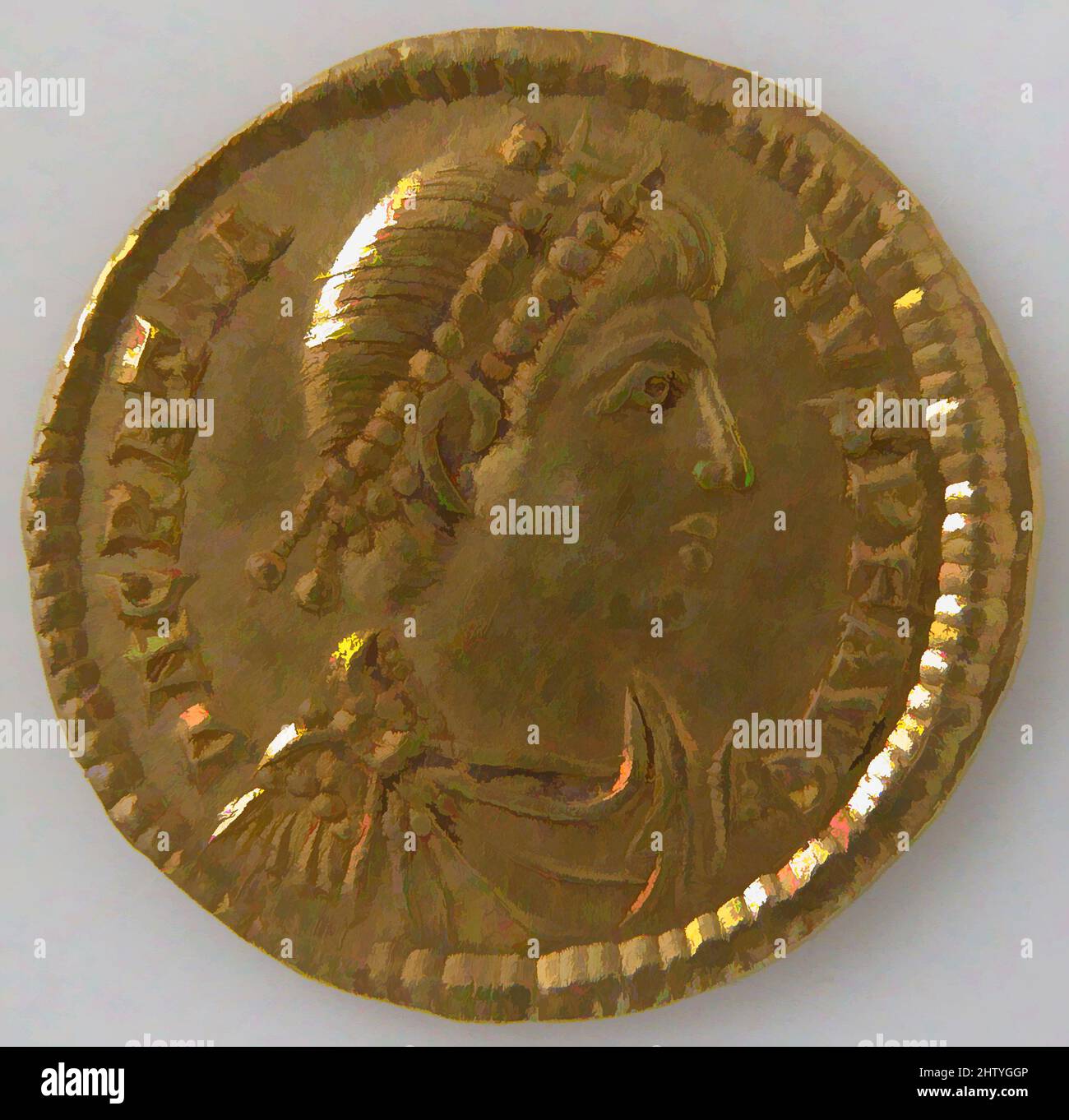 Art inspired by Solidus, 367–383, Byzantine, Gold, Overall: 13/16 x 1/16 in. (2 x 0.1 cm), Coins, Classic works modernized by Artotop with a splash of modernity. Shapes, color and value, eye-catching visual impact on art. Emotions through freedom of artworks in a contemporary way. A timeless message pursuing a wildly creative new direction. Artists turning to the digital medium and creating the Artotop NFT Stock Photo