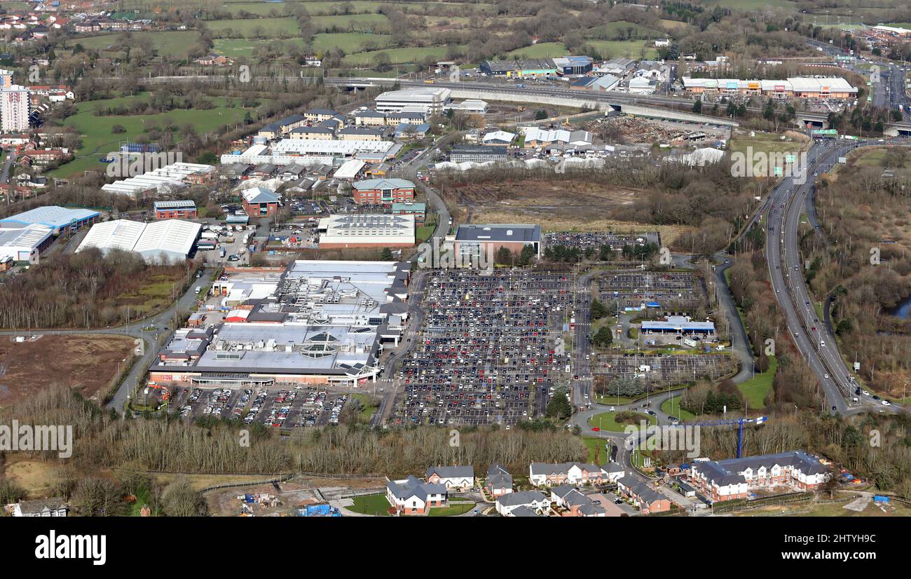 aerial view of Handforth Dean Retail Park, a shopping outlet at Handforth, & Oak Green Business Park in the distance. Willmslow, Cheshire Stock Photo