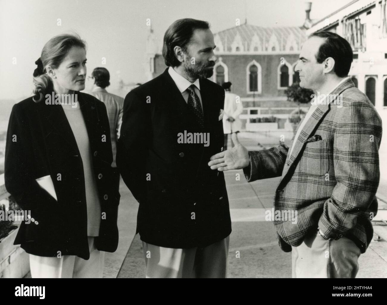 English actor David Suchet, Italian actor Franco Nero, and French actress Dominique Sanda in the movie The Lucona Affair, 1993 Stock Photo