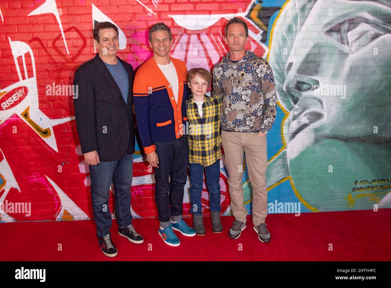 New York, United States. 02nd Mar, 2022. James Sanna, David Burtka, Gideon Scott Burtka-Harris and Neil Patrick Harris attend RiseNY's official grand opening celebration as New York's newest attraction, combining a soaring ride that takes visitors on a breathtaking aerial adventure over the Big Apple with immersive exhibition galleries that tell the city's story in New York City. Credit: SOPA Images Limited/Alamy Live News Stock Photo