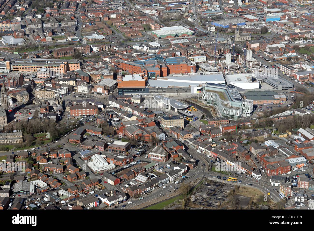 aerial view of Rochdale town centre from the south, with Rochdale