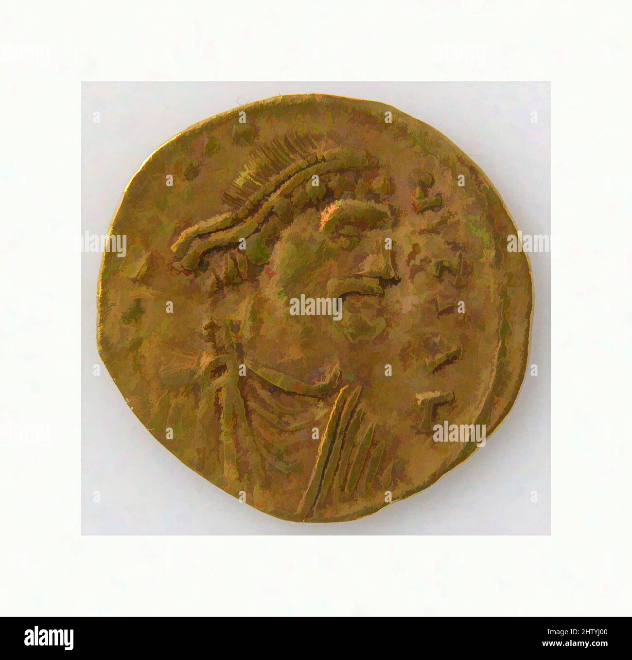 Art inspired by Tremissis, ca. 668–685, Byzantine, Gold, Overall: 9/16 x 1/16 in. (1.5 x 0.1 cm), Coins, Classic works modernized by Artotop with a splash of modernity. Shapes, color and value, eye-catching visual impact on art. Emotions through freedom of artworks in a contemporary way. A timeless message pursuing a wildly creative new direction. Artists turning to the digital medium and creating the Artotop NFT Stock Photo