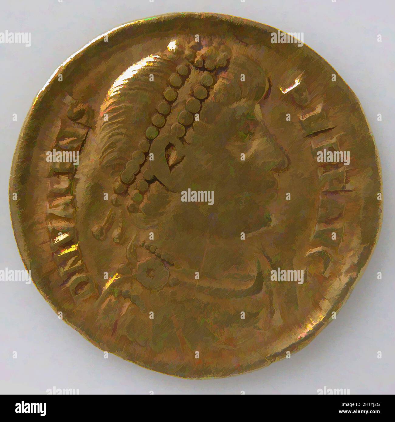 Art inspired by Solidus, ca. 364–378, Byzantine, Gold, Overall: 13/16 x 1/16 in. (2 x 0.1 cm), Coins, Classic works modernized by Artotop with a splash of modernity. Shapes, color and value, eye-catching visual impact on art. Emotions through freedom of artworks in a contemporary way. A timeless message pursuing a wildly creative new direction. Artists turning to the digital medium and creating the Artotop NFT Stock Photo