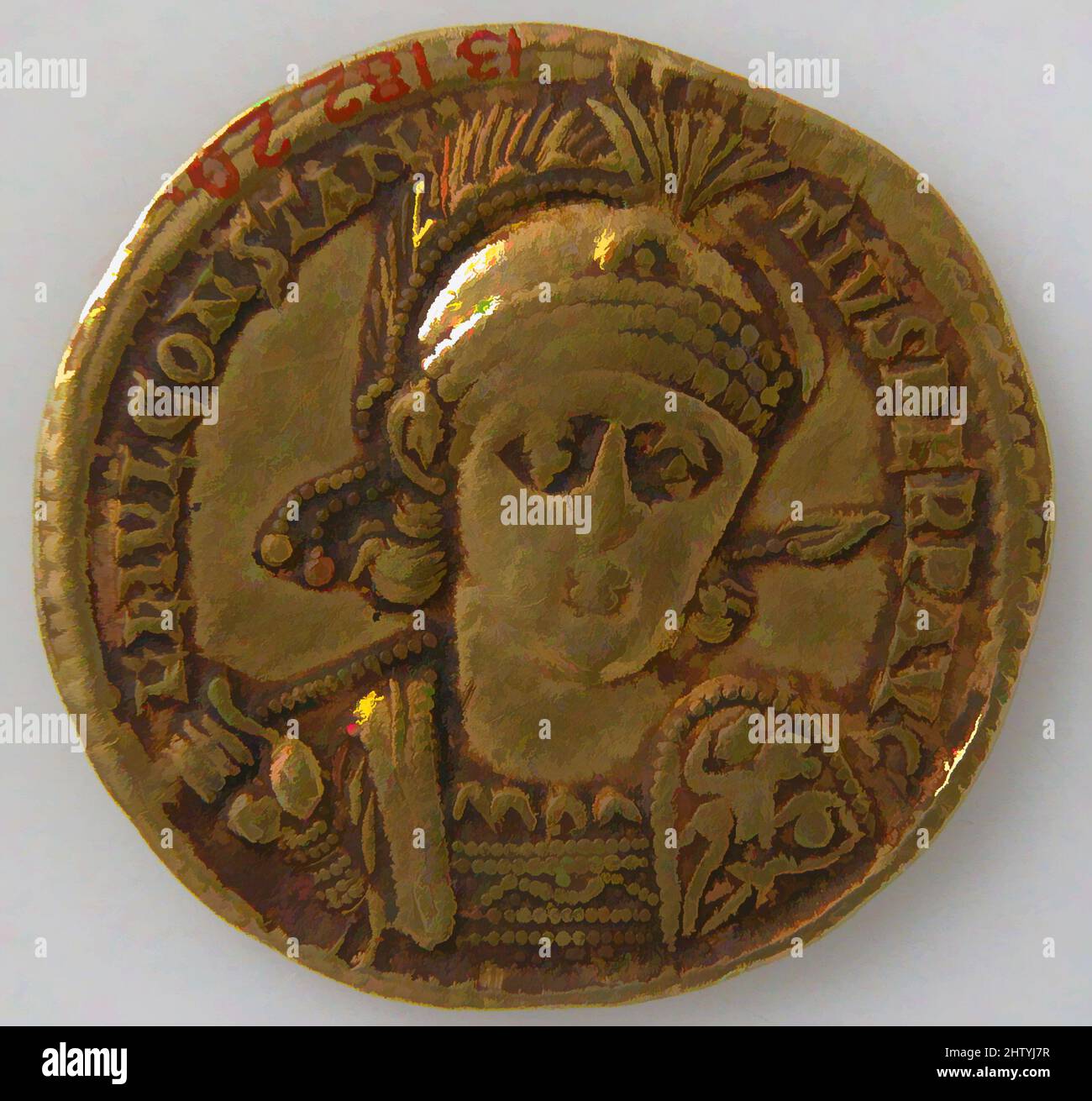 Art inspired by Solidus, 337–361, Made in Officina, Nicomedia, Byzantine, Gold, Overall: 13/16 x 1/16 in. (2.1 x 0.1 cm), Coins, Classic works modernized by Artotop with a splash of modernity. Shapes, color and value, eye-catching visual impact on art. Emotions through freedom of artworks in a contemporary way. A timeless message pursuing a wildly creative new direction. Artists turning to the digital medium and creating the Artotop NFT Stock Photo