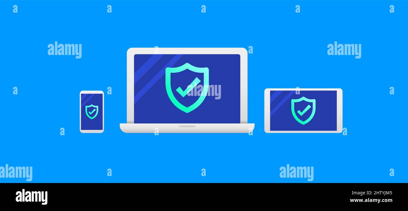 Computer, Phone and Tablet Set with Checked Security Icon Stock Vector