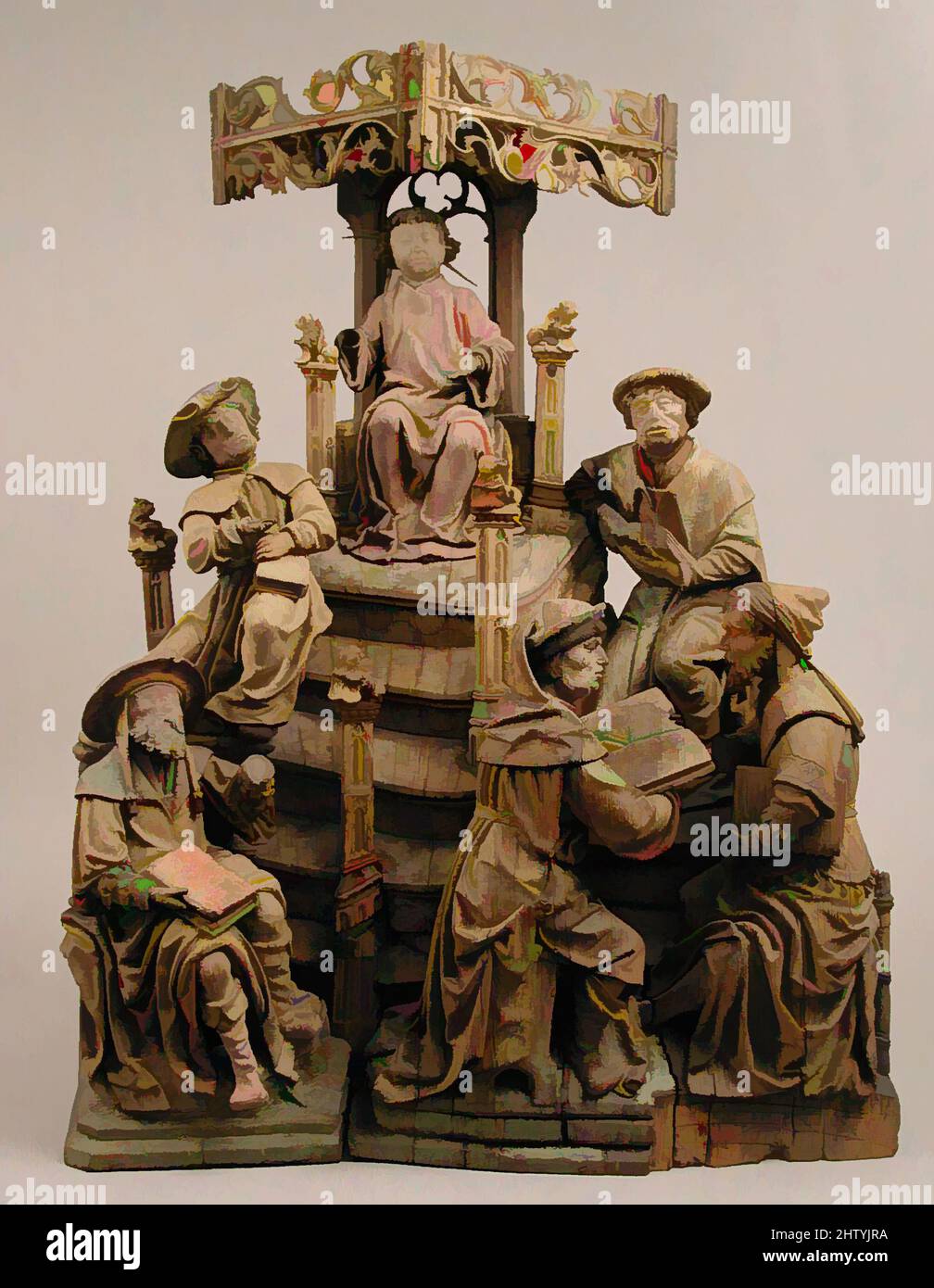 Art inspired by Christ among the Doctors, early 16th century, Made in Lower Rhine, German, Oak, polychromy, parcel gilt, Overall: 26 1/2 x 19 x 11 1/2 in. (67.3 x 48.3 x 29.2 cm), Sculpture-Wood, The twelve-year-old Christ is baffling the elders of the temple with his knowledge. The, Classic works modernized by Artotop with a splash of modernity. Shapes, color and value, eye-catching visual impact on art. Emotions through freedom of artworks in a contemporary way. A timeless message pursuing a wildly creative new direction. Artists turning to the digital medium and creating the Artotop NFT Stock Photo