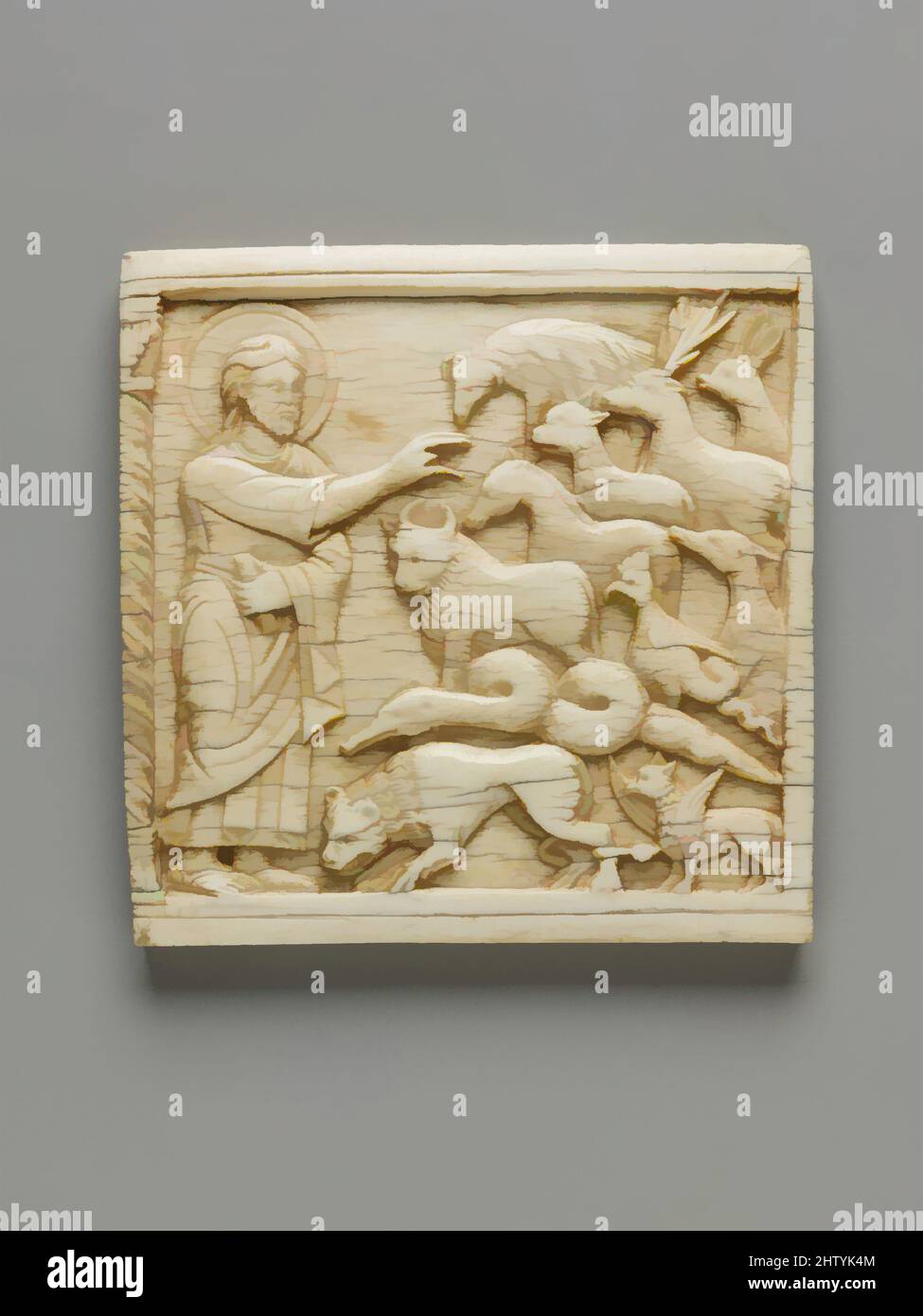 Art inspired by Plaque with God Creating the Animals, 1084, Made in Amalfi, South Italian, Ivory, Overall: 4 3/16 x 4 3/16 x 5/16 in. (10.7 x 10.6 x 0.8 cm), Ivories, From the Cathedral of Salerno, this plaque comes from a set of about fifty ivories depicting biblical scenes that may, Classic works modernized by Artotop with a splash of modernity. Shapes, color and value, eye-catching visual impact on art. Emotions through freedom of artworks in a contemporary way. A timeless message pursuing a wildly creative new direction. Artists turning to the digital medium and creating the Artotop NFT Stock Photo