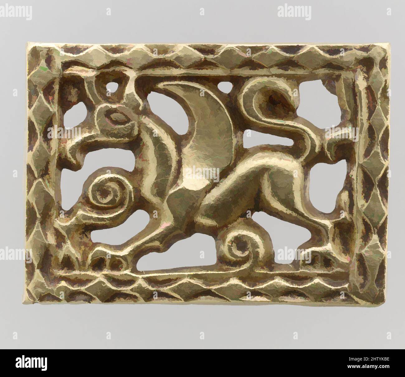 Art inspired by Gold Openwork Belt Mount, 700s, Avar, Gold, 2 1/8 × 1 9/16 × 1/4 in., 1 Troy Ounces (5.4 × 3.9 × 0.6 cm, 38g), Metalwork-Gold, The treasure contains an array of belt fittings, some elaborately decorated, some unfinished or defectively cast. Some show no signs of use, Classic works modernized by Artotop with a splash of modernity. Shapes, color and value, eye-catching visual impact on art. Emotions through freedom of artworks in a contemporary way. A timeless message pursuing a wildly creative new direction. Artists turning to the digital medium and creating the Artotop NFT Stock Photo