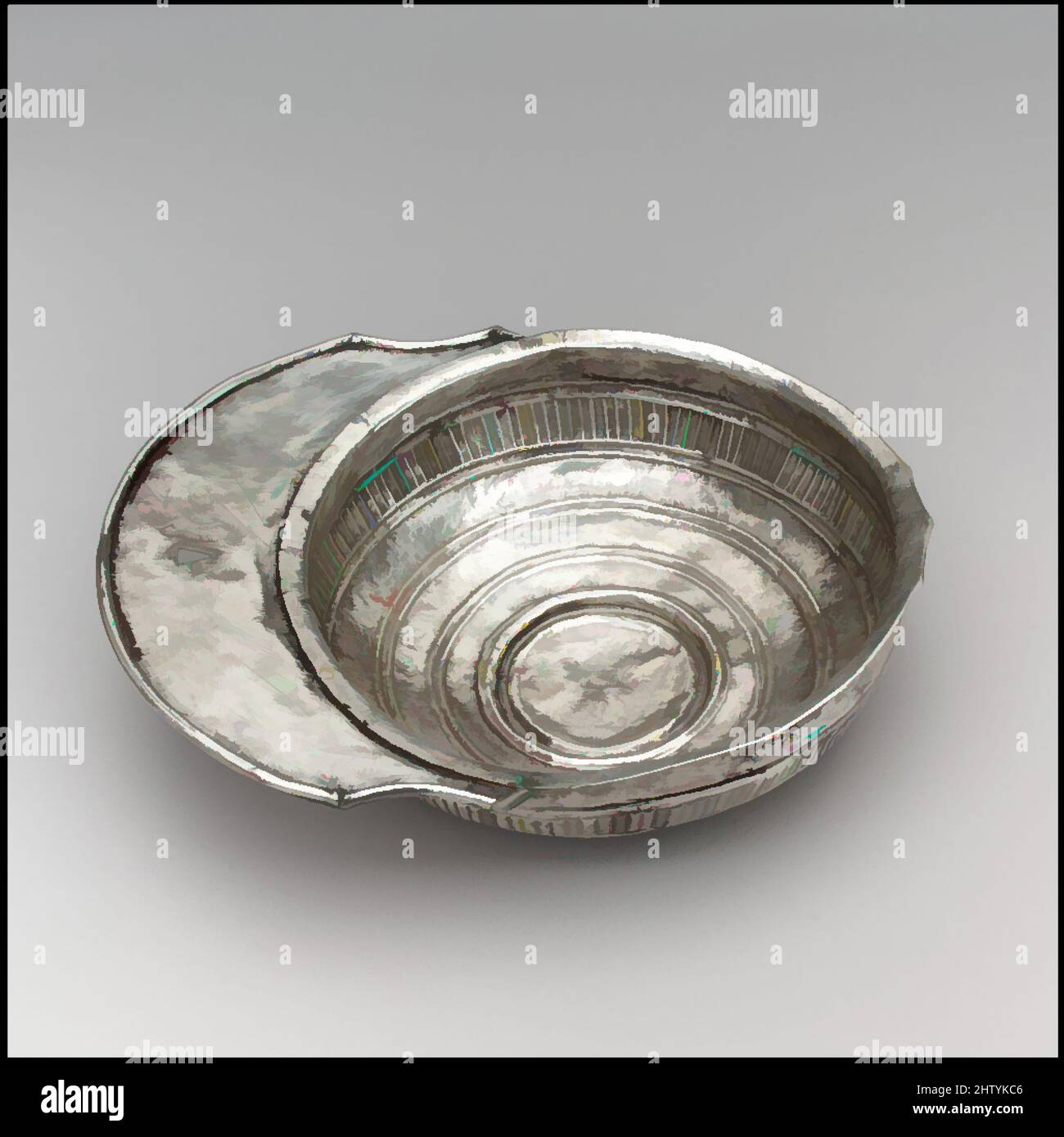 Art inspired by Silver Drinking Bowl with Handle, 700s, Made in Tirana, Avar, Silver, 2 × 9 15/16 × 7 5/16 in., 9 Troy Ounces (5.1 × 25.2 × 18.5 cm, 299g), Metalwork-Silver, The Avars were a nomadic tribe of mounted warriors from the Eurasian steppe. The Byzantine emperor Justinian, Classic works modernized by Artotop with a splash of modernity. Shapes, color and value, eye-catching visual impact on art. Emotions through freedom of artworks in a contemporary way. A timeless message pursuing a wildly creative new direction. Artists turning to the digital medium and creating the Artotop NFT Stock Photo