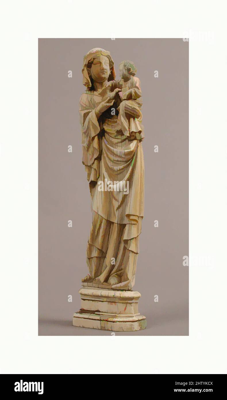 Art inspired by Virgin and Child, ca. 1350, North French, Ivory, Overall (with base): 10 1/2 x 2 15/16 x 1 11/16 in. (26.7 x 7.5 x 4.3 cm), Ivories, This devotional statuette of the Virgin, reigning as the Queen of Heaven, and Christ child reveals their playful rapport; it includes a, Classic works modernized by Artotop with a splash of modernity. Shapes, color and value, eye-catching visual impact on art. Emotions through freedom of artworks in a contemporary way. A timeless message pursuing a wildly creative new direction. Artists turning to the digital medium and creating the Artotop NFT Stock Photo