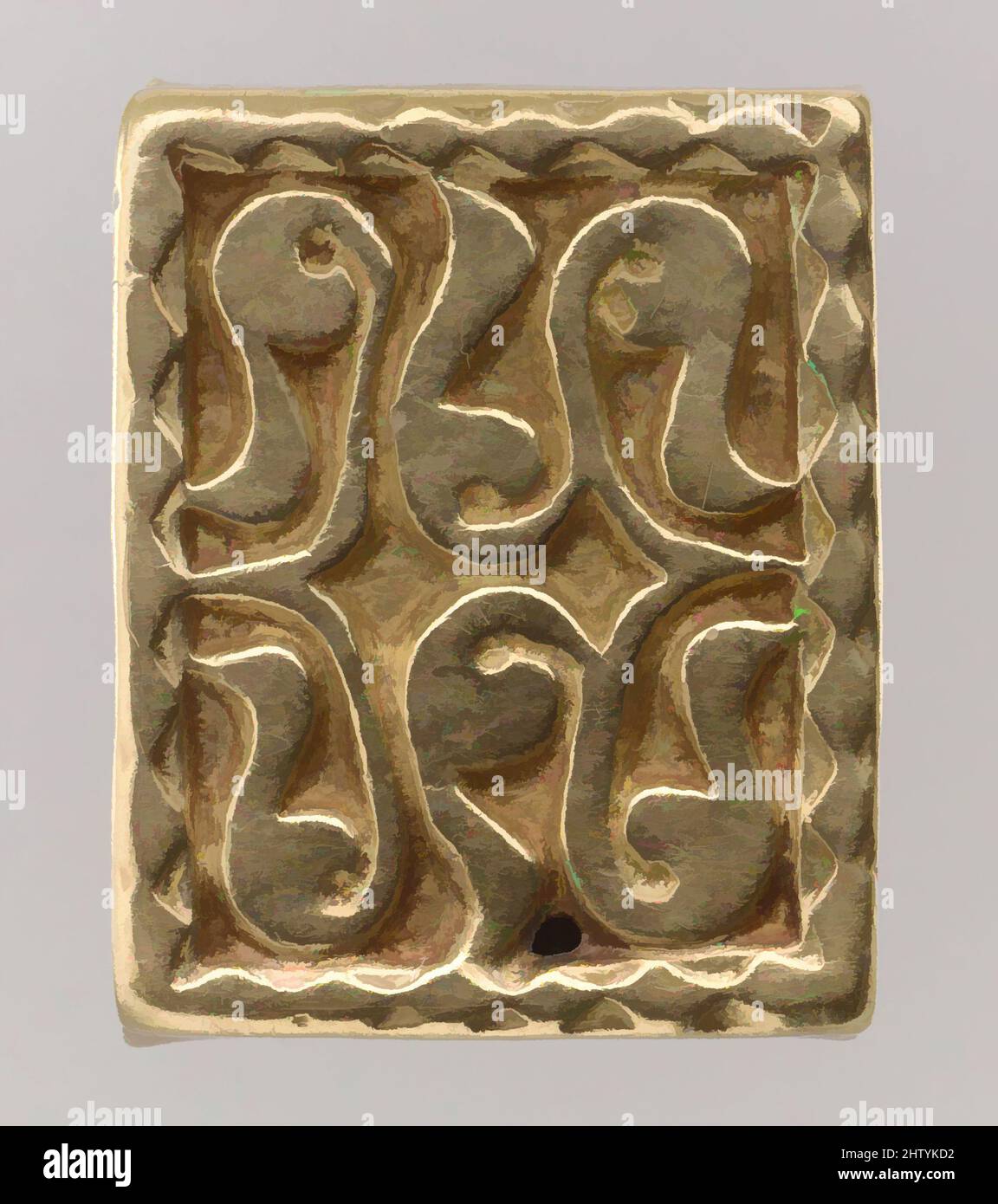 Art inspired by Gold Slide for a Belt, 700s, Avar, Gold, cast., 1 5/16 × 1 × 3/8 in., 1 Troy Ounces (3.3 × 2.6 × 1 cm, 40g), Metalwork-Gold, The treasure contains an array of belt fittings, some elaborately decorated, some unfinished or defectively cast. Some show no signs of use, Classic works modernized by Artotop with a splash of modernity. Shapes, color and value, eye-catching visual impact on art. Emotions through freedom of artworks in a contemporary way. A timeless message pursuing a wildly creative new direction. Artists turning to the digital medium and creating the Artotop NFT Stock Photo
