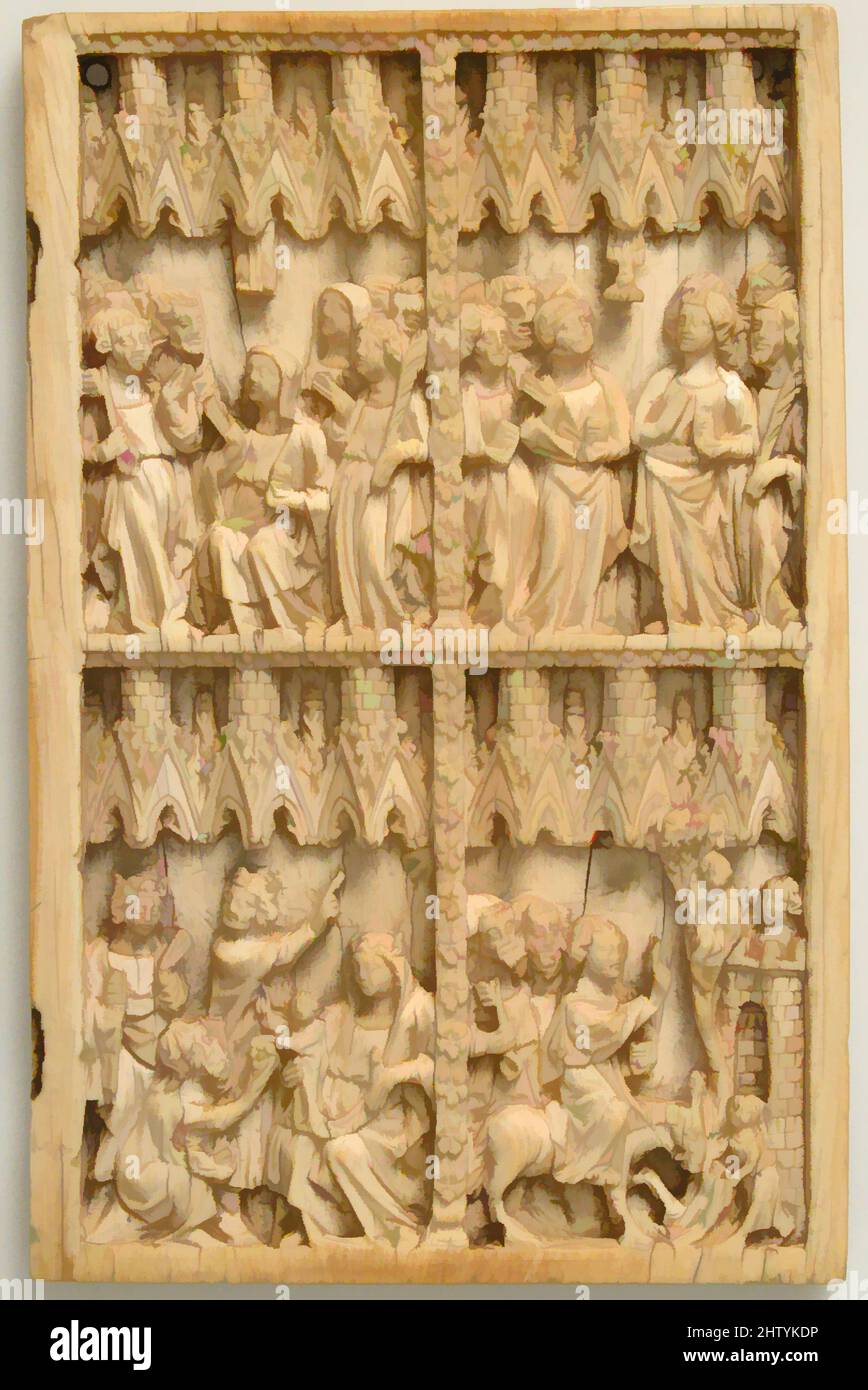 Art inspired by Right Leaf of a Diptych, 14th century, French, Ivory, Overall: 6 11/16 x 4 5/16 x 3/8 in. (17 x 11 x 1 cm), Ivories, Classic works modernized by Artotop with a splash of modernity. Shapes, color and value, eye-catching visual impact on art. Emotions through freedom of artworks in a contemporary way. A timeless message pursuing a wildly creative new direction. Artists turning to the digital medium and creating the Artotop NFT Stock Photo