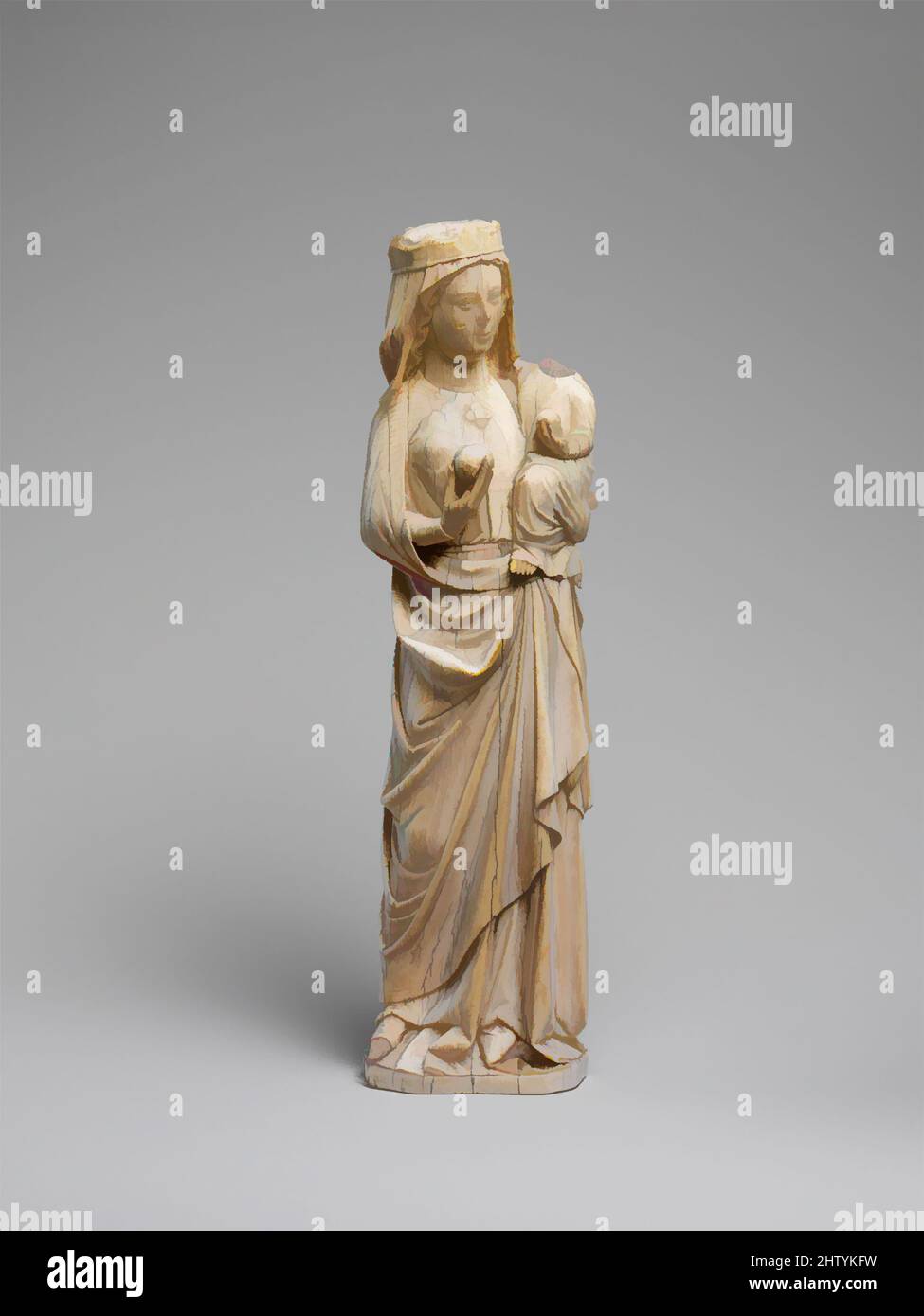 Art inspired by Virgin and Child, ca. 1250–1300, North French, Ivory, Overall: 11 3/4 x 3 5/16 x 2 1/16 in. (29.8 x 8.4 x 5.2 cm), Ivories, The many devotional images of the Virgin—to be found in every medium—reflect the belief in her ability to comfort, to intercede, and to nurture, Classic works modernized by Artotop with a splash of modernity. Shapes, color and value, eye-catching visual impact on art. Emotions through freedom of artworks in a contemporary way. A timeless message pursuing a wildly creative new direction. Artists turning to the digital medium and creating the Artotop NFT Stock Photo