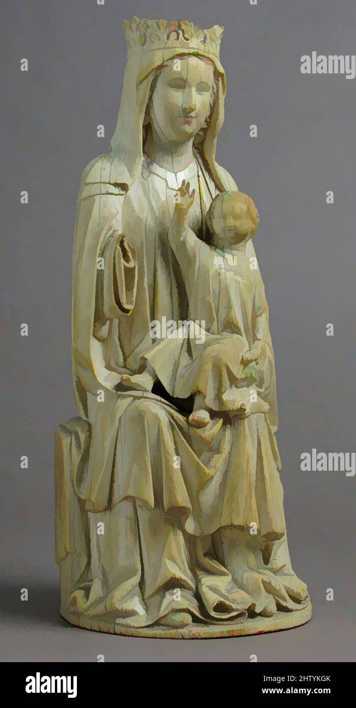 Art inspired by Virgin and Child, 14th century, Made in France, French, Ivory, traces of polychromy, Overall: 10 15/16 x 4 5/8 x 4 in. (27.8 x 11.8 x 10.2 cm), Ivories, Used for daily devotions to the Virgin and Child such figures may have been placed on an altar within a tabernacle, Classic works modernized by Artotop with a splash of modernity. Shapes, color and value, eye-catching visual impact on art. Emotions through freedom of artworks in a contemporary way. A timeless message pursuing a wildly creative new direction. Artists turning to the digital medium and creating the Artotop NFT Stock Photo