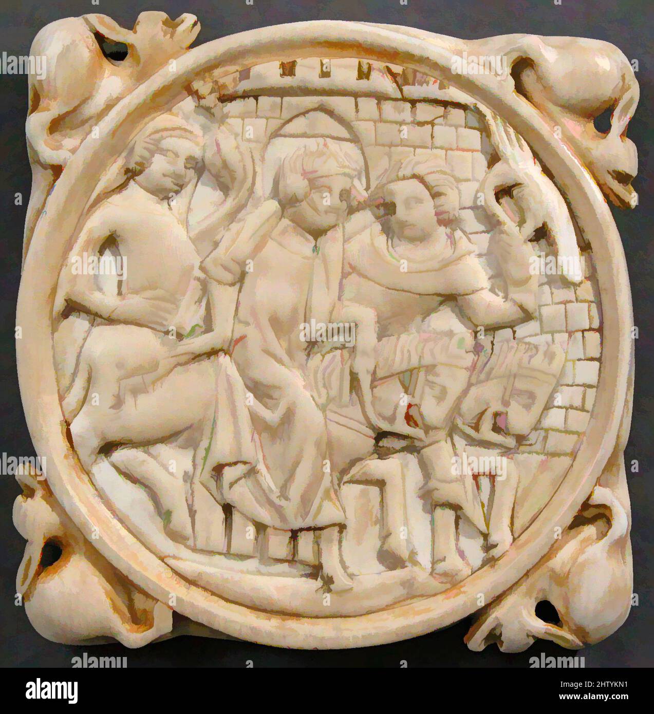 Art inspired by Mirror Case, ca. 1350, Made in France, French, Ivory, Overall: 3 1/4 x 3/8 in. (8.2 x 1 cm), Ivories, Ivory mirror cases were usually carved in pairs to protect a polished metal disk within. Few pairs survive today, and none with their original protective leather case, Classic works modernized by Artotop with a splash of modernity. Shapes, color and value, eye-catching visual impact on art. Emotions through freedom of artworks in a contemporary way. A timeless message pursuing a wildly creative new direction. Artists turning to the digital medium and creating the Artotop NFT Stock Photo