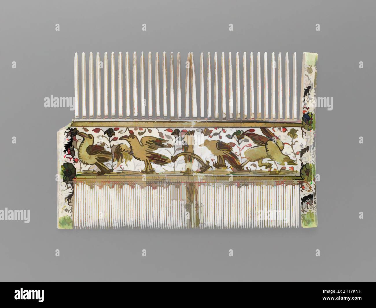 Art inspired by Woman's Comb, 15th or 16th century, French or Italian, Ivory, paint and gilding, Overall: 3 7/16 x 5 1/16 x 3/16 in. (8.8 x 12.9 x 0.4 cm), Ivories, Combs and other personal grooming implements were often included in bridal trousseaux during the fifteenth and sixteenth, Classic works modernized by Artotop with a splash of modernity. Shapes, color and value, eye-catching visual impact on art. Emotions through freedom of artworks in a contemporary way. A timeless message pursuing a wildly creative new direction. Artists turning to the digital medium and creating the Artotop NFT Stock Photo