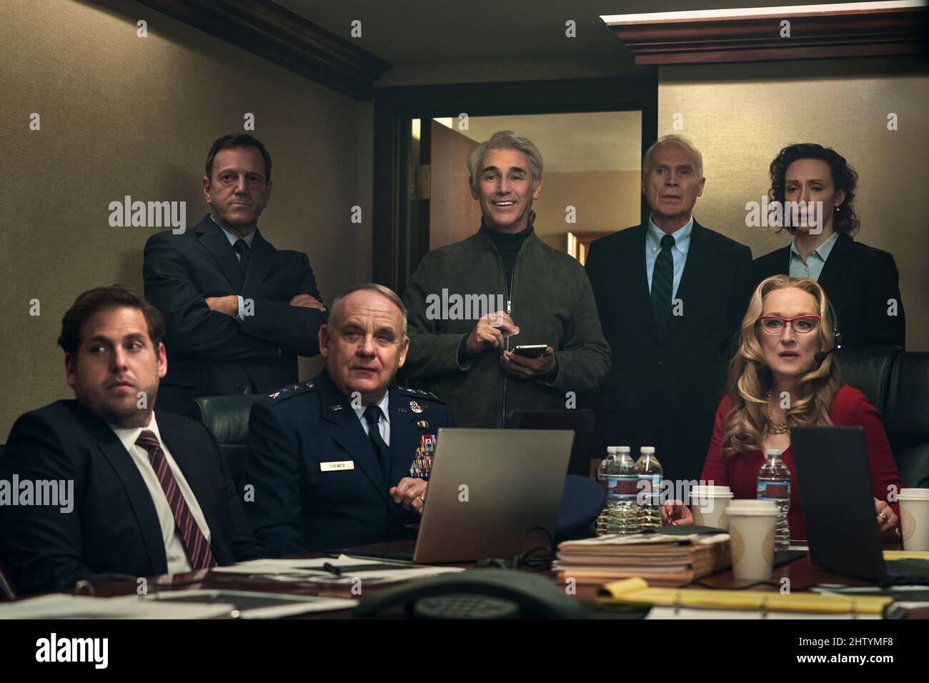 PAUL GUILFOYLE, MERYL STREEP, MARK RYLANCE and JONAH HILL in DON'T LOOK UP (2021), directed by ADAM MCKAY. Credit: Hyperobject Industries / Album Stock Photo