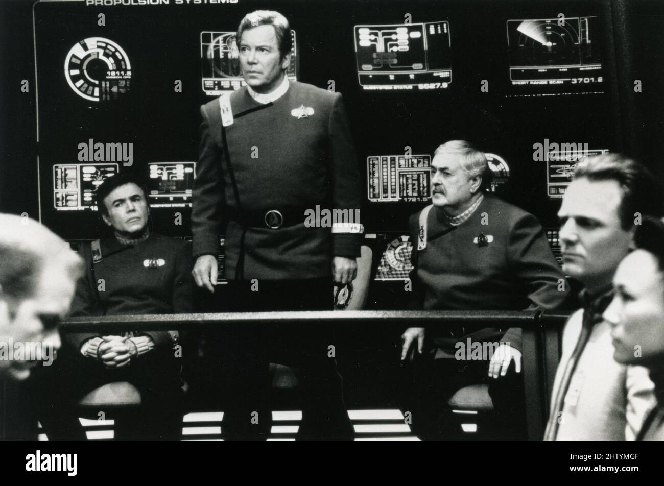Actors William Shatner, James Doohan, and Walter Koenig in the movie Star Trek Generations, USA 1994 Stock Photo