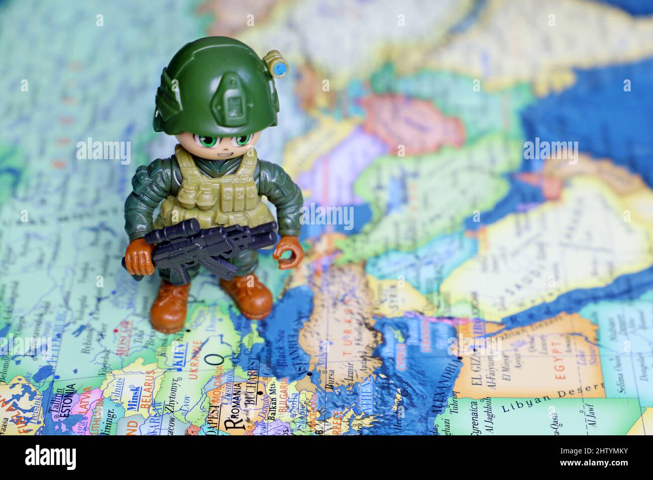 Toy soldier on map of Russia. Concept of Russian military special operation in Ukraine Stock Photo