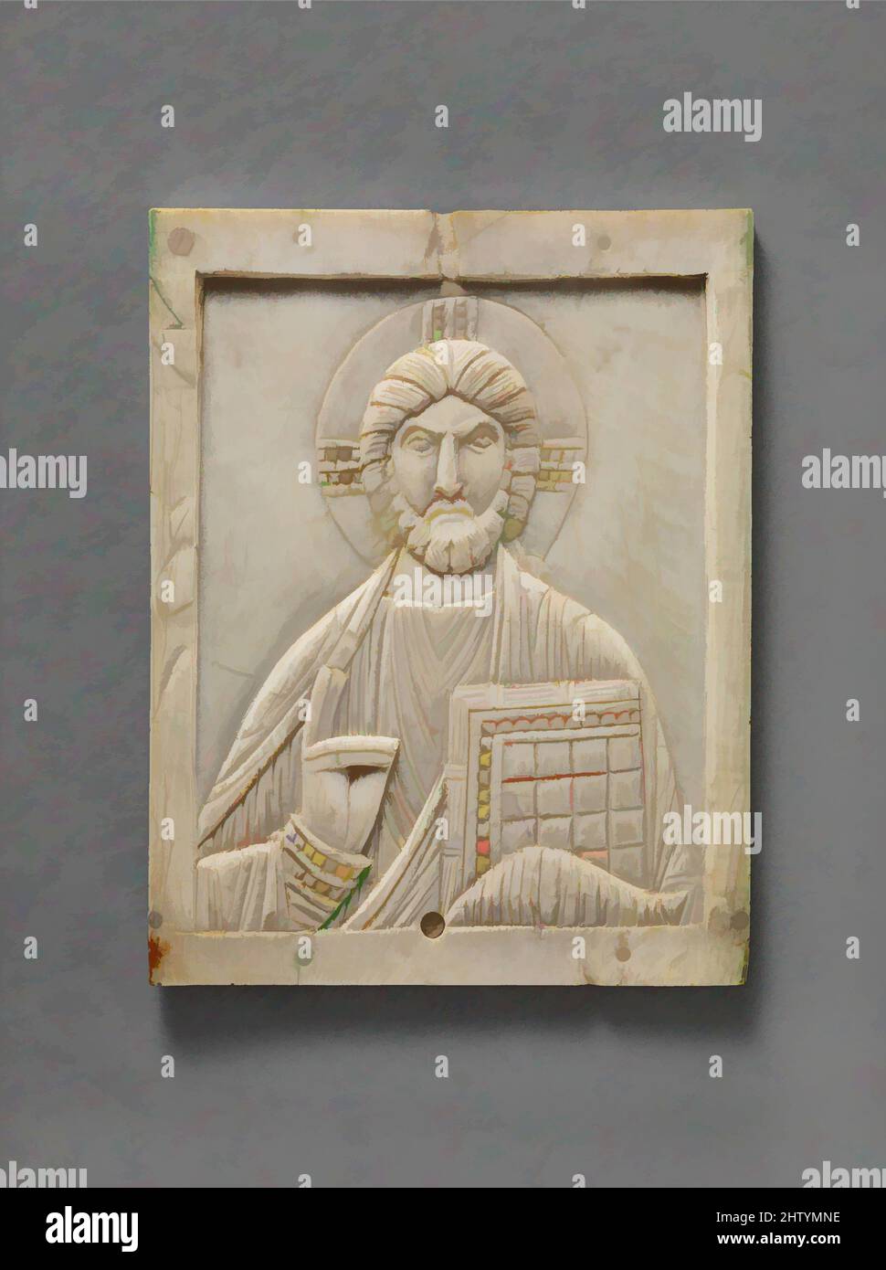 Art inspired by Icon with Christ Pantokrator, 11th–12th century, Byzantine, Ivory, Overall: 3 13/16 x 3 x 3/16 in. (9.7 x 7.6 x 0.4 cm), Ivories, The Byzantine image of Christ Pantokrator (Ruler of All) is a frontal, half-length portrait of a bearded Christ holding a Gospel book in his, Classic works modernized by Artotop with a splash of modernity. Shapes, color and value, eye-catching visual impact on art. Emotions through freedom of artworks in a contemporary way. A timeless message pursuing a wildly creative new direction. Artists turning to the digital medium and creating the Artotop NFT Stock Photo