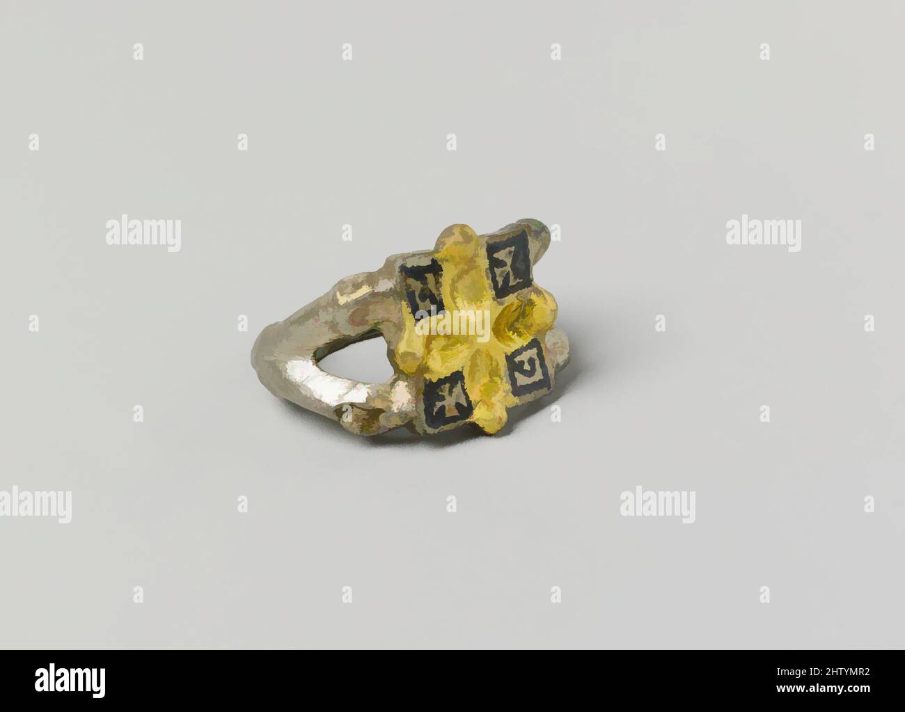 Art inspired by Finger Ring, 1000–1200, Kievan Rus', Silver, partial-gilt, niello, Overall: 7/8 x 15/16 x 5/8 in. (2.2 x 2.4 x 1.6 cm), Metalwork-Silver, The crosses on this ring stress the owner’s Christian faith, Classic works modernized by Artotop with a splash of modernity. Shapes, color and value, eye-catching visual impact on art. Emotions through freedom of artworks in a contemporary way. A timeless message pursuing a wildly creative new direction. Artists turning to the digital medium and creating the Artotop NFT Stock Photo