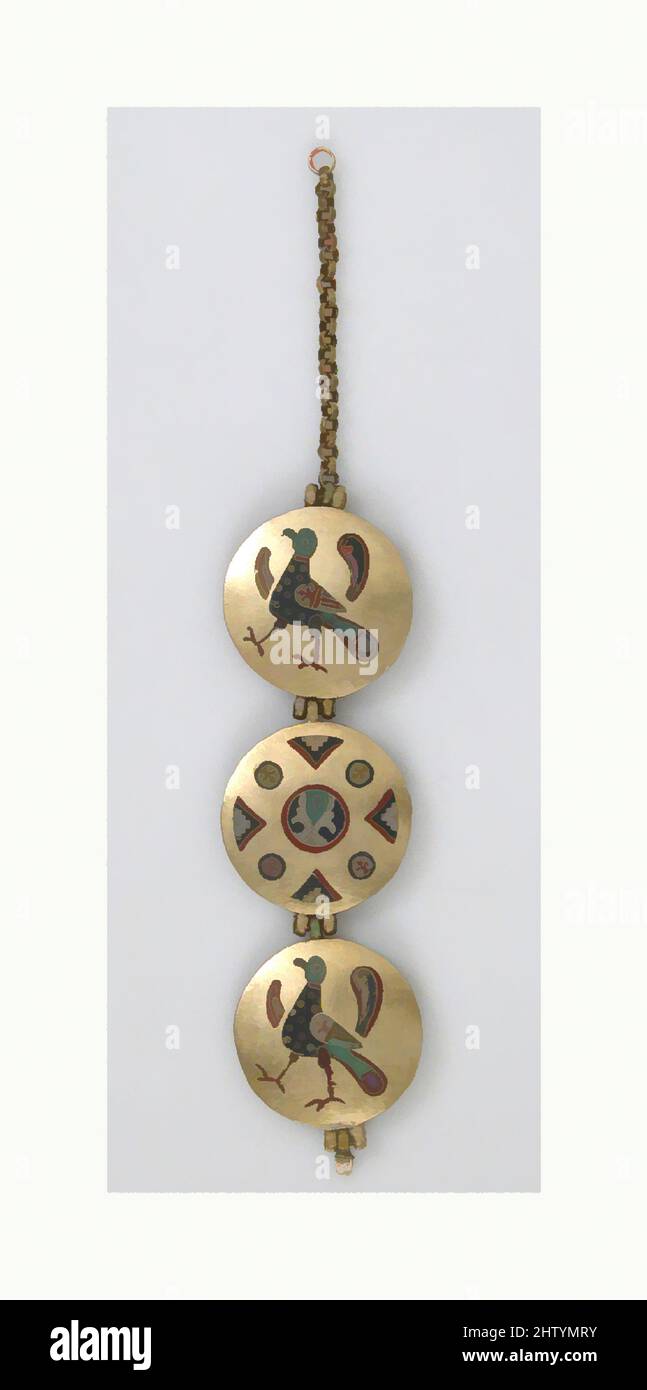 Art inspired by Chain with Birds and Geometric Motifs, 1000–1200, Made in Kiev (probably), Kievan Rus', Cloisonné enamel, gold, Overall (with chain): 6 x 1 x 3/16 in. (15.3 x 2.5 x 0.5 cm), Enamels-Cloisonné, Chains, called riazni, were created from small cloisonné enamel medallions, Classic works modernized by Artotop with a splash of modernity. Shapes, color and value, eye-catching visual impact on art. Emotions through freedom of artworks in a contemporary way. A timeless message pursuing a wildly creative new direction. Artists turning to the digital medium and creating the Artotop NFT Stock Photo