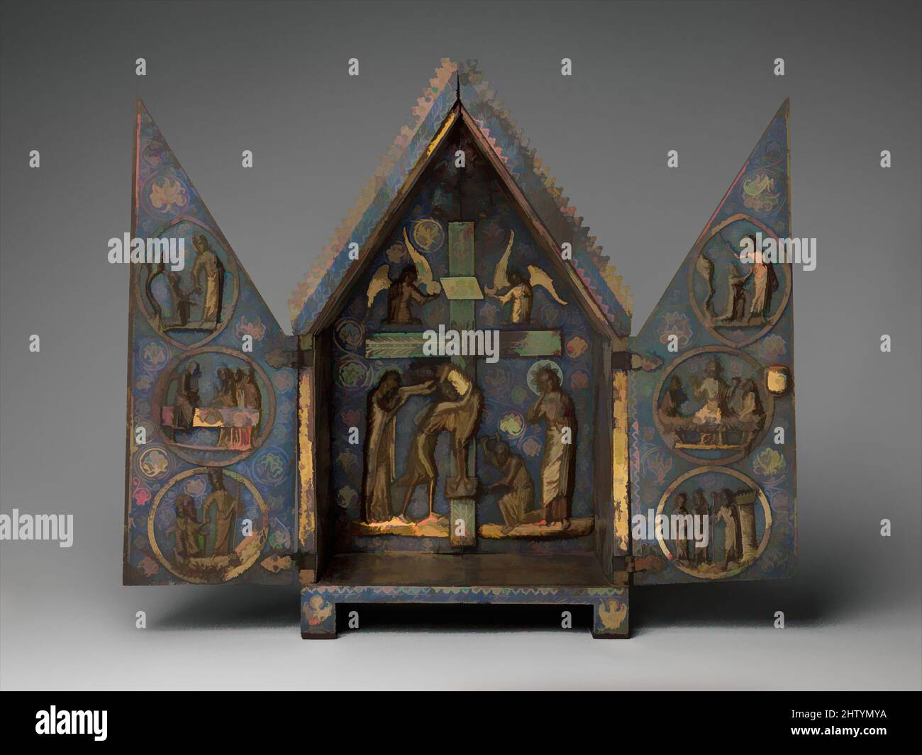 Art inspired by Tabernacle of Cherves, ca. 1220–1230, Made in Limoges, France, French, Copper (plaques): engraved, scraped, stippled, and gilt; (appliqués): repoussé, chased, engraved, scraped, and gilt; champlevé enamel: medium blue, turquoise, medium green, yellow, red, and white, Classic works modernized by Artotop with a splash of modernity. Shapes, color and value, eye-catching visual impact on art. Emotions through freedom of artworks in a contemporary way. A timeless message pursuing a wildly creative new direction. Artists turning to the digital medium and creating the Artotop NFT Stock Photo