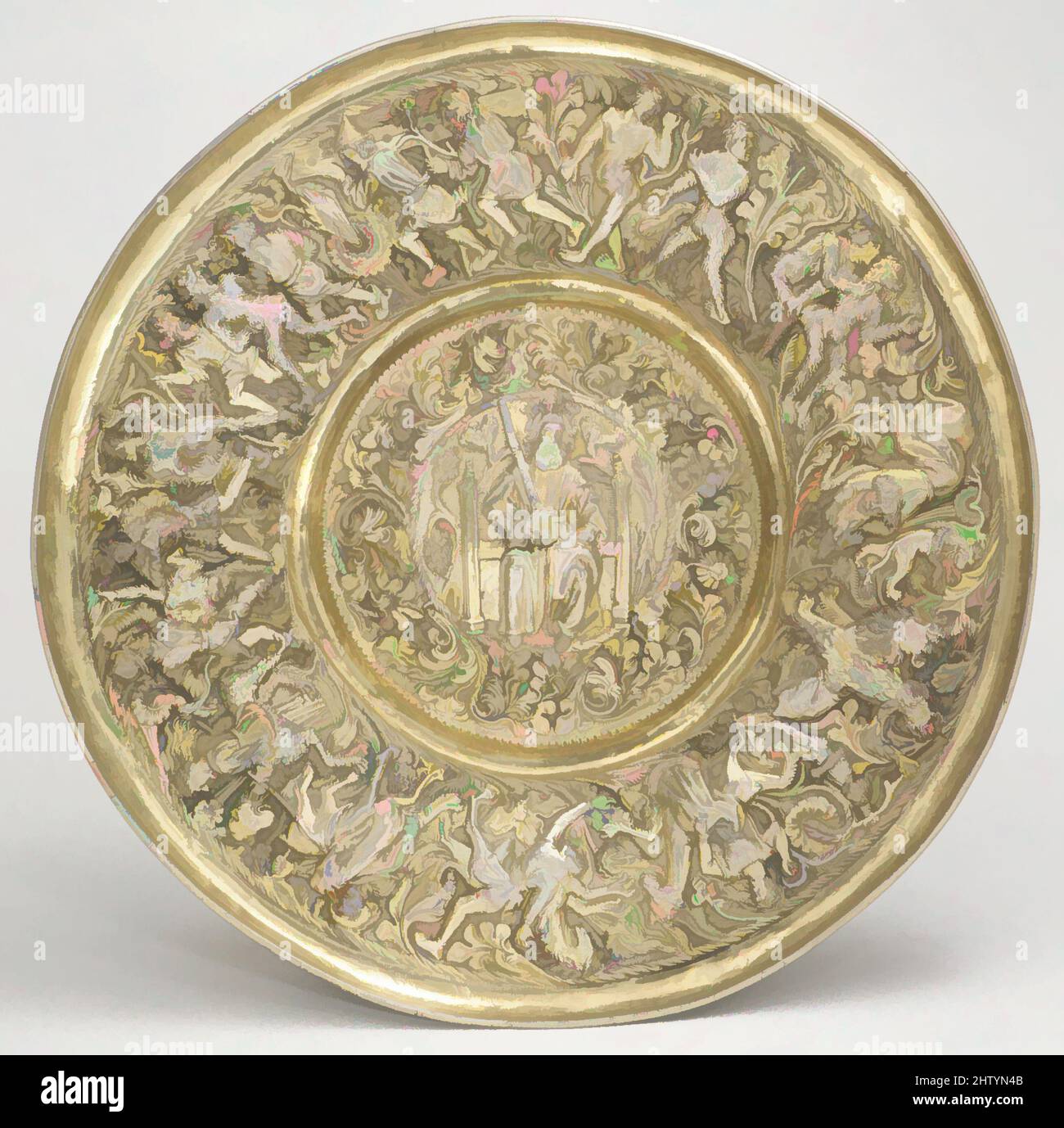 Art inspired by Dish, ca. 1500–1520, Portuguese, Silver-gilt, Overall: 1 3/16 x 10 1/4 in. (3 x 26 cm), Metalwork-Silver, The raised decoration depicts wild folk, humans, and animals engaged in frenzied activities around a centarlized crowned king, probably Manuel I of Portugal (r, Classic works modernized by Artotop with a splash of modernity. Shapes, color and value, eye-catching visual impact on art. Emotions through freedom of artworks in a contemporary way. A timeless message pursuing a wildly creative new direction. Artists turning to the digital medium and creating the Artotop NFT Stock Photo