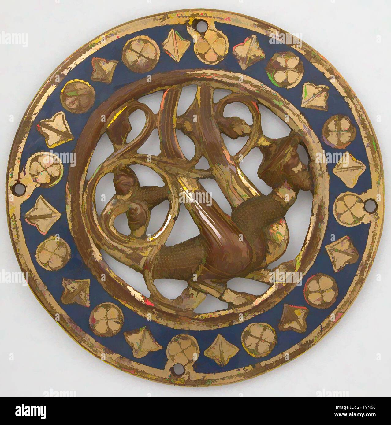 Art inspired by Medallion, before 1227, Made in Limoges, France, French, Copper, champlevé enamel, Overall: 3 7/16 x 3/16 in. (8.7 x 0.5 cm), Enamels-Champlevé, These medallions probably come from a large traveling chest that belonged to Cardinal Guala Bicchieri. A collector and, Classic works modernized by Artotop with a splash of modernity. Shapes, color and value, eye-catching visual impact on art. Emotions through freedom of artworks in a contemporary way. A timeless message pursuing a wildly creative new direction. Artists turning to the digital medium and creating the Artotop NFT Stock Photo